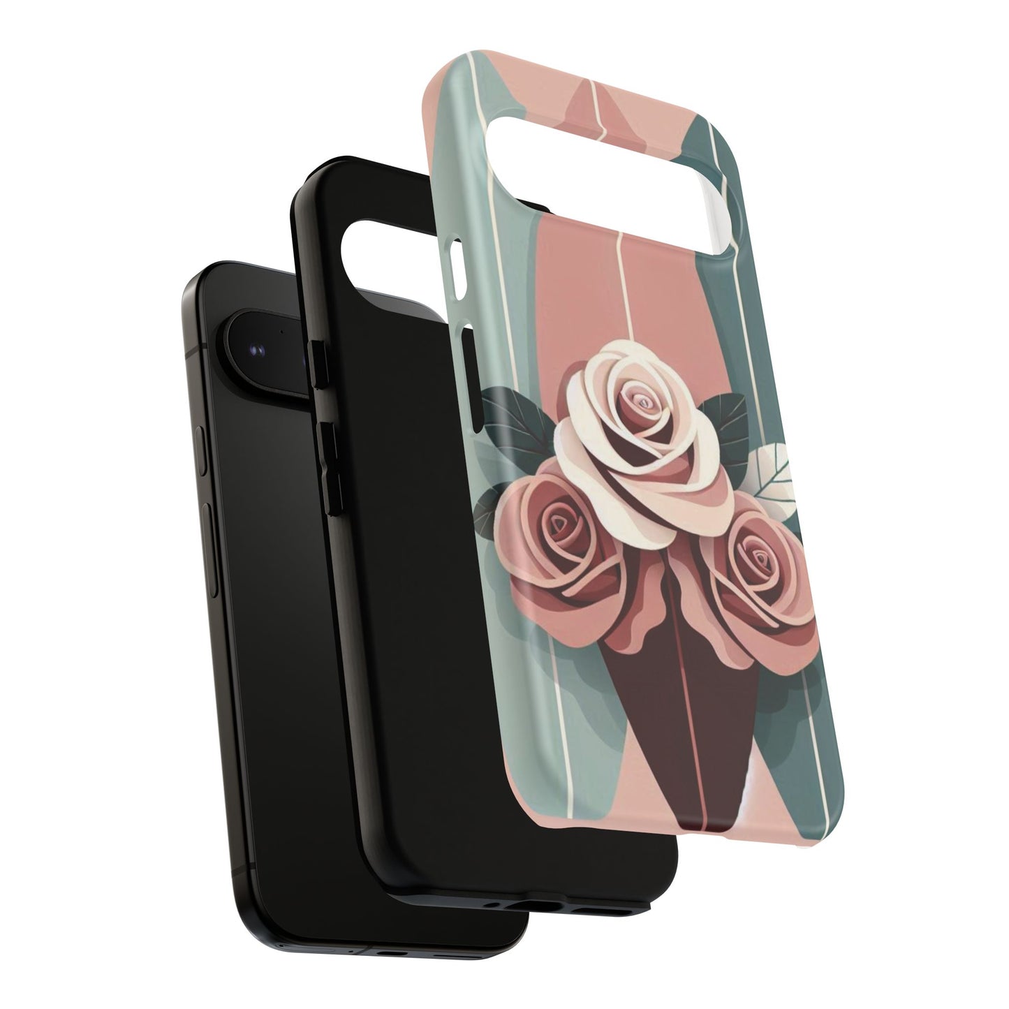 Phone Case - Burgundy, Matte Mauve & Teal Surfboard & Roses Design