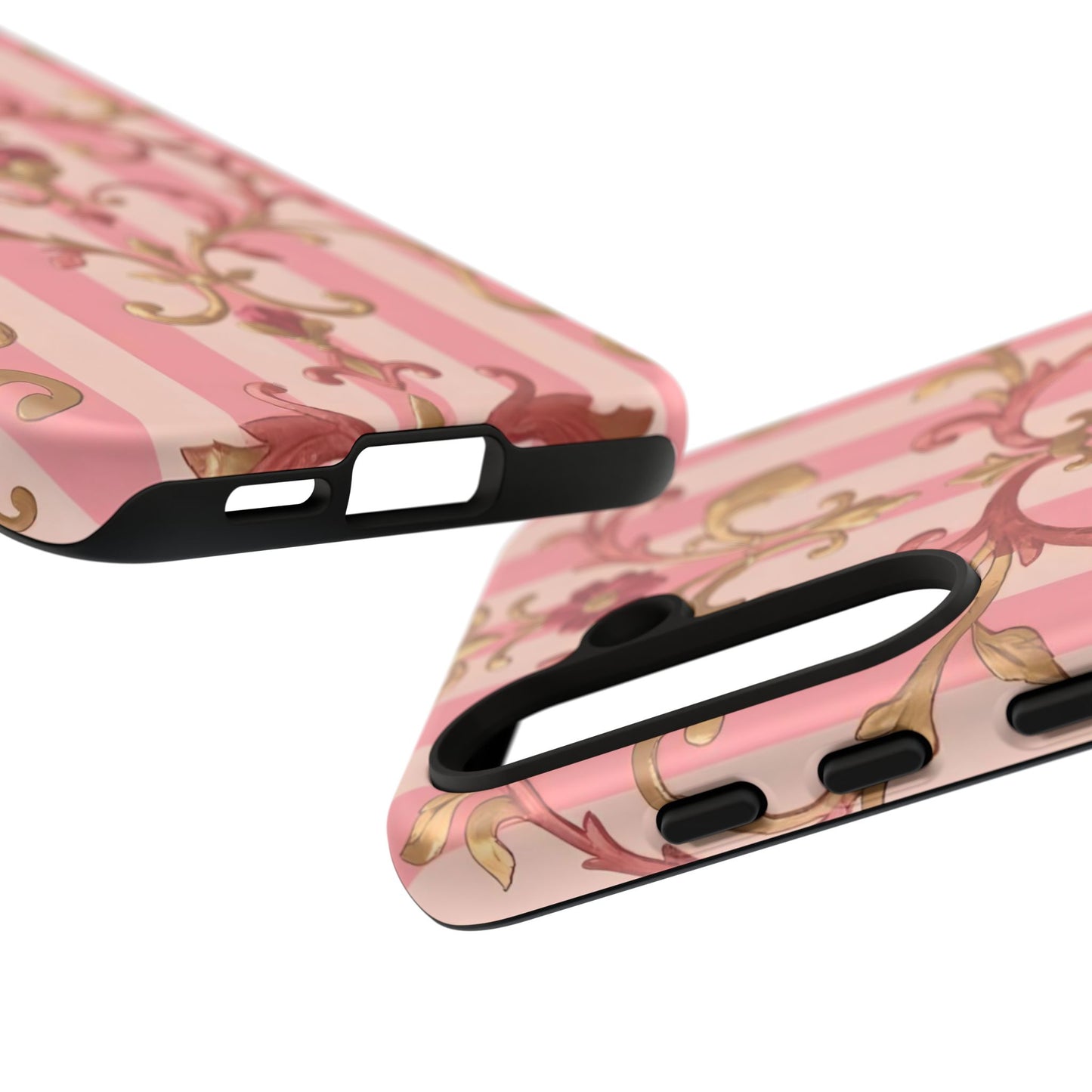 Elegant Floral Motif Phone Case - Tough Cases with Vintage Design - Pink Striped Rose Gold Damask