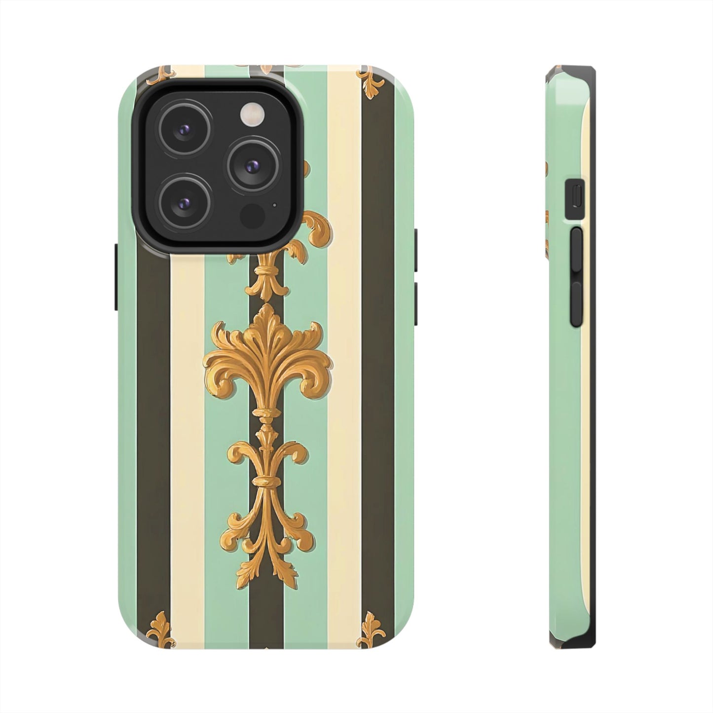 Elegant Floral Tough Phone Cases - Stylish Protection for All Occasions, Gifts for Her, Phone Covers - Black & Matte Mint Striped Rococo