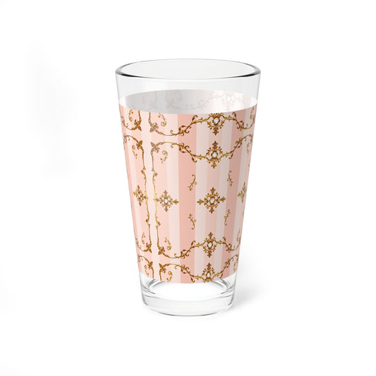 Elegant Vintage Mixing Glass - 16oz Decorative Drinkware - Pink Jewel Striped Gold Baroque