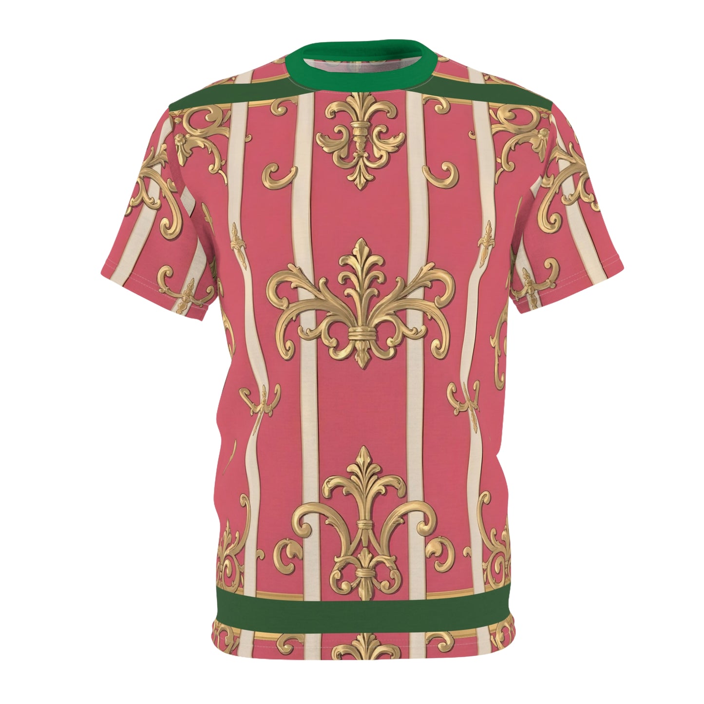 Elegant Green Border Pink Striped Baroque Unisex Tee - Chic Summer Wear, Gifts for Her, Fashion Casual Shirt, Trendy Outfit, Special Occasion Attire