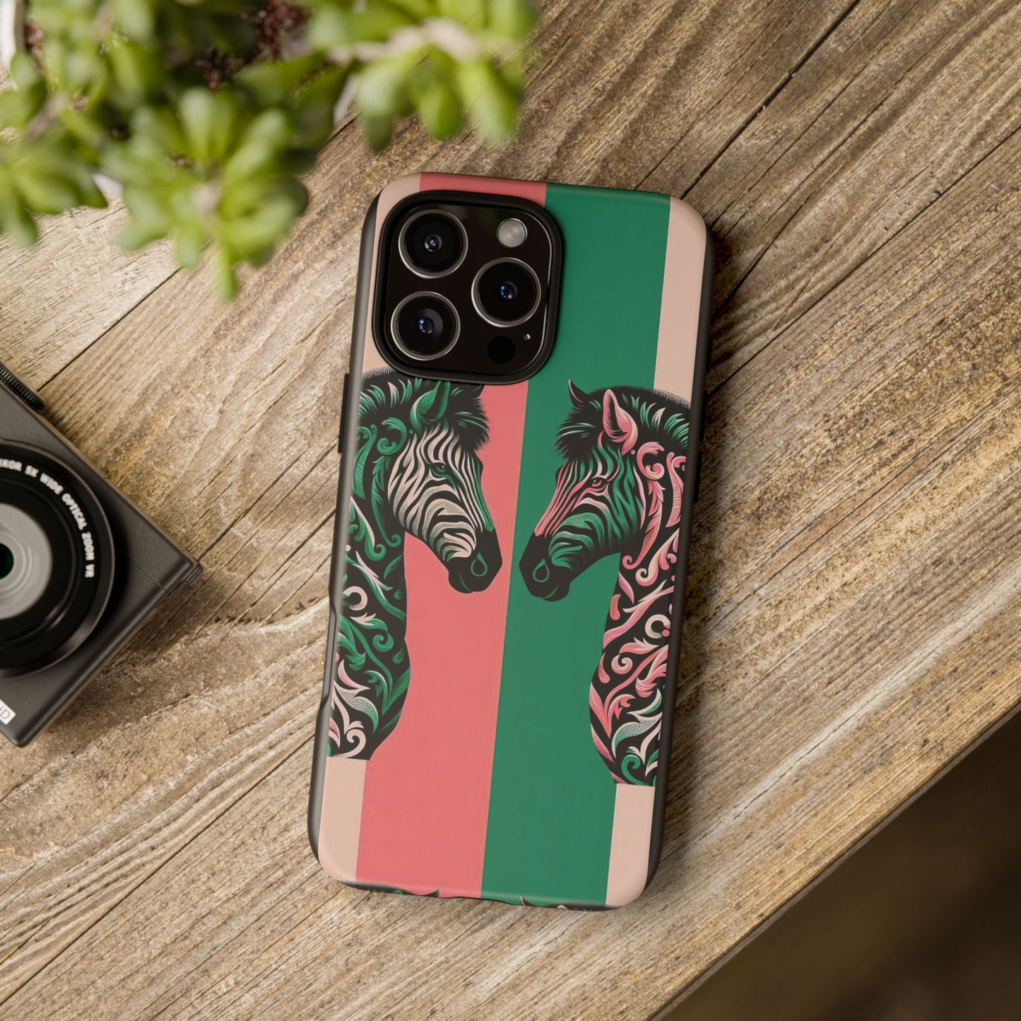 Phone Case - Elegant Pink & Green Zebra Damask Design