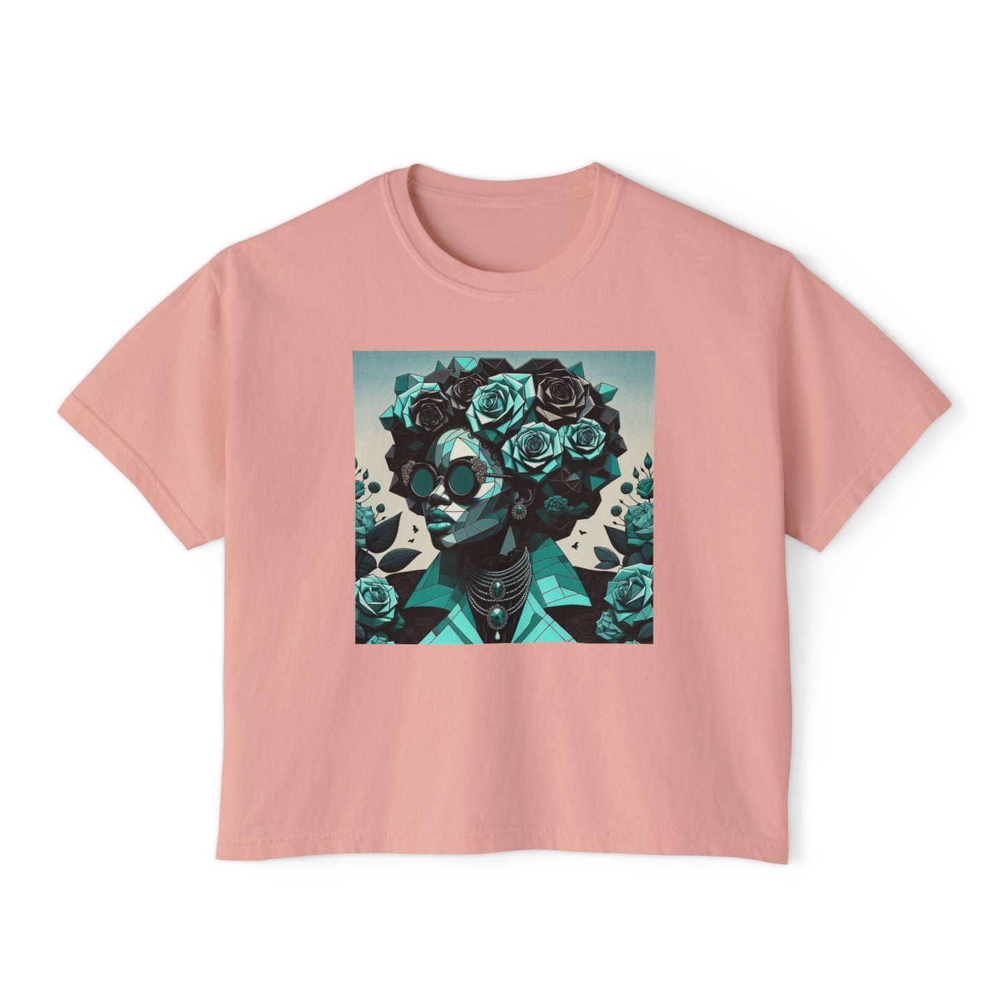 Floral Skull Women's Boxy Tee, Casual Outfit, Graphic Tee, Festival Fashion, Gift for Her - Turquoise & Black Roses Lady