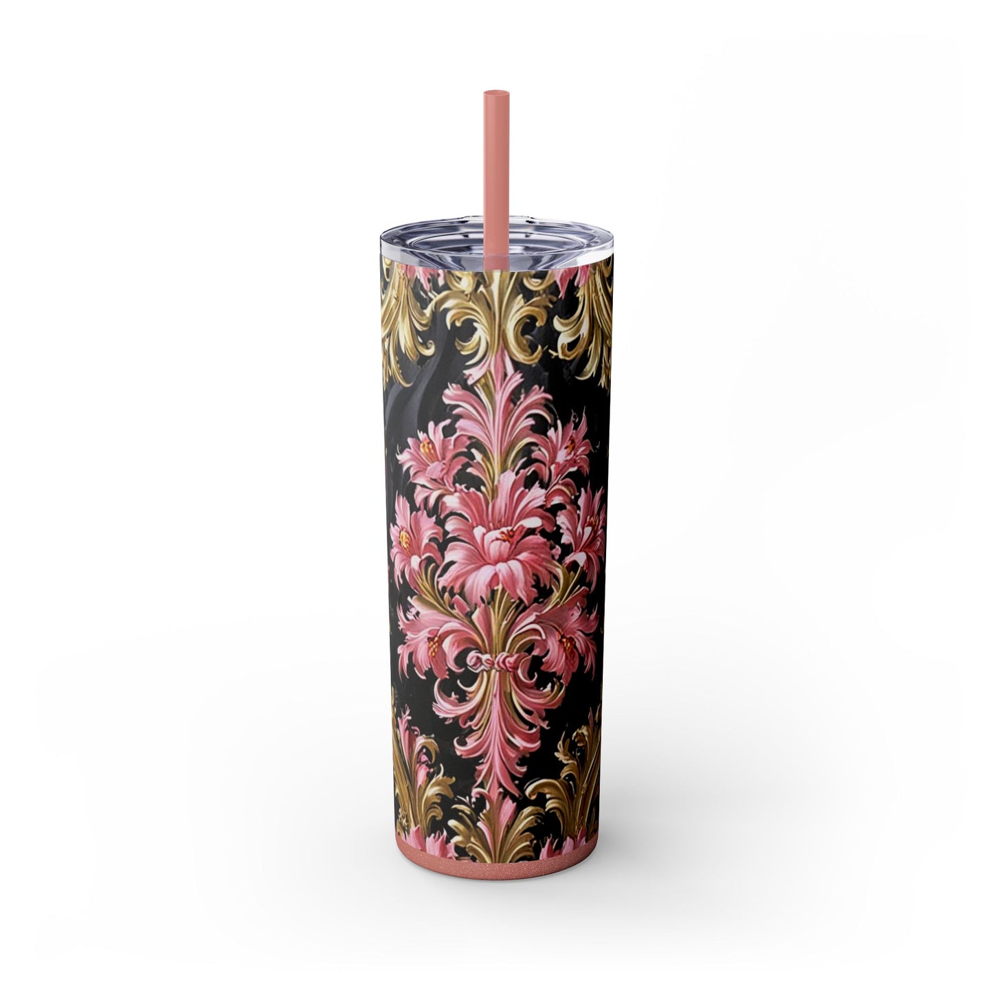 Chic Floral Skinny Tumbler with Straw, 20oz - Elegant Drinkware for Tea Lovers, Travel Mugs, Gifts for Her - Black & Pink Oil Painting Style Rococo