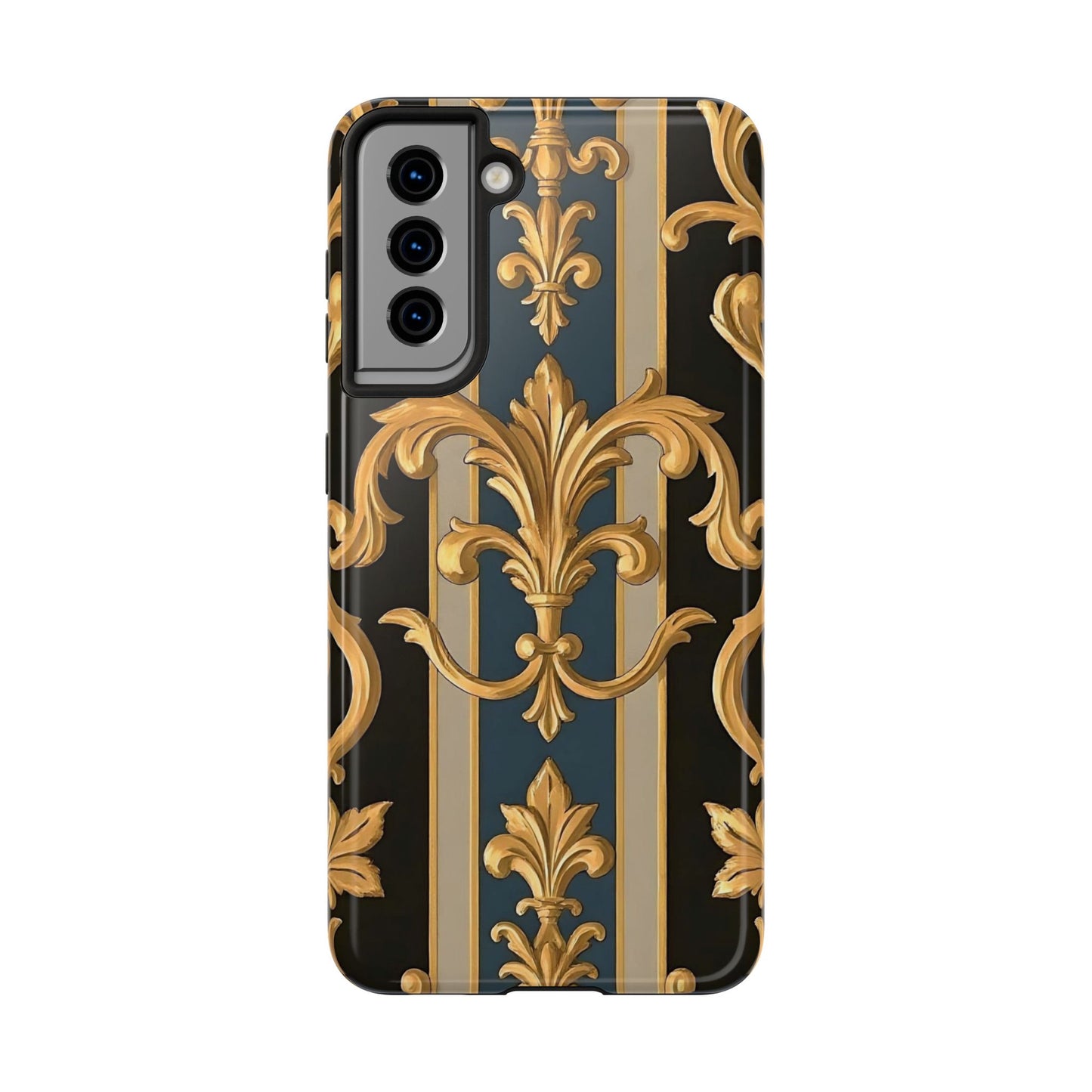 Elegant Rococo Phone Cases, Tough iPhone Case, Floral Design Case, Luxury Phone Cover - Blue & Black Striped Rococo