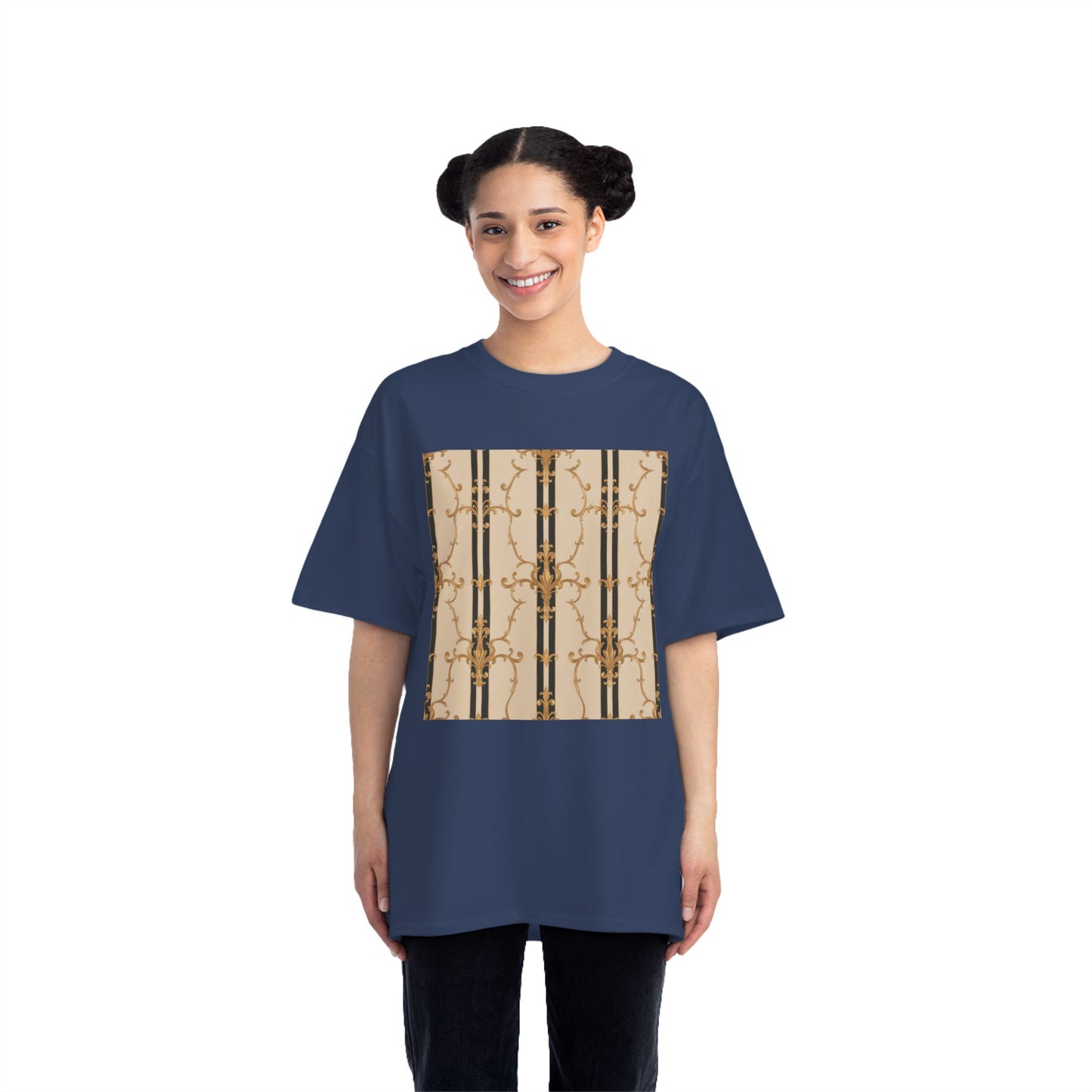 Stylish Graphic Tee for Casual Wear, Fashionable Short-Sleeve Shirt, Unique Summer Top - Black & Beige Striped Damask