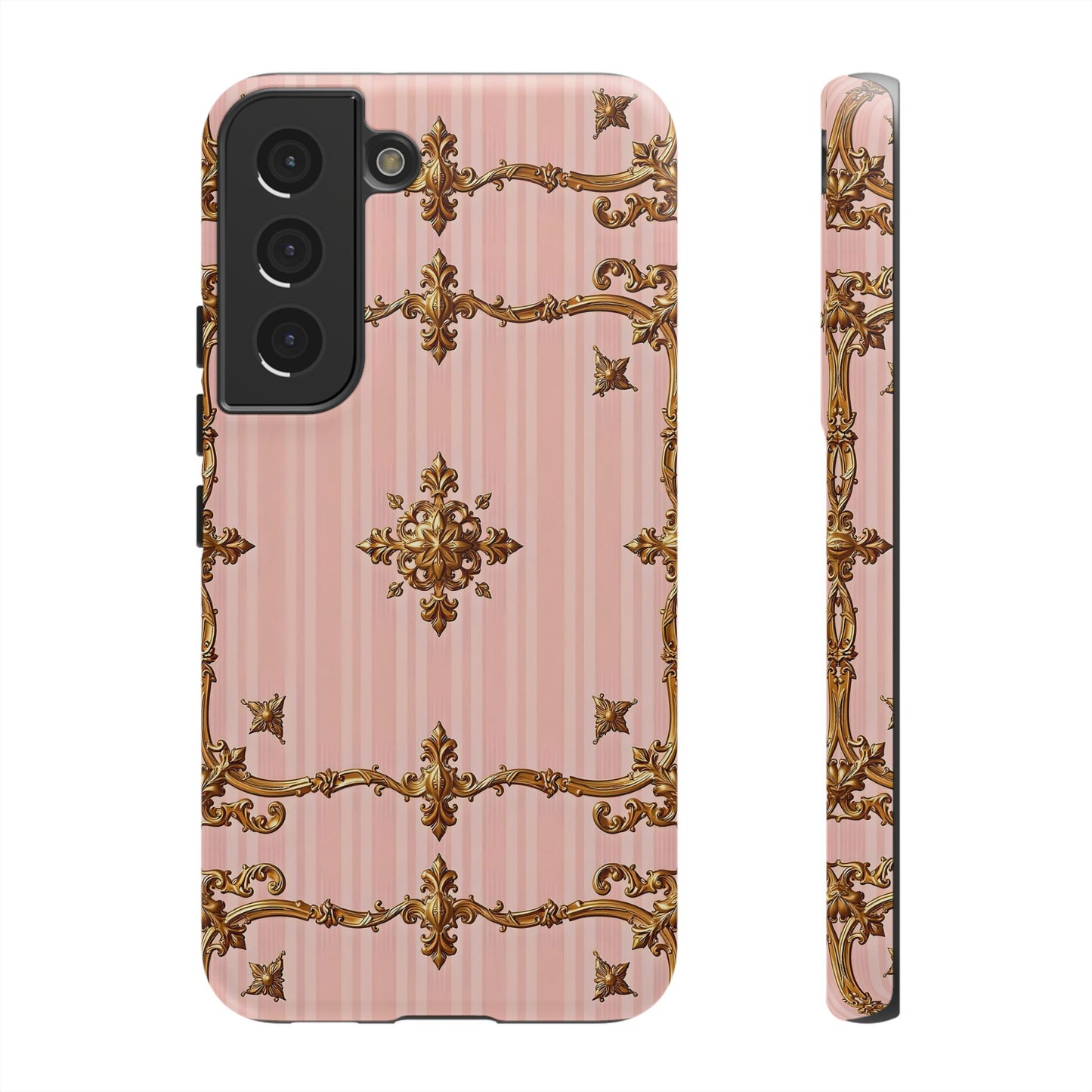 Elegant Floral Phone Case, Tough Cases for Women, Trendy Phone Cover, Chic Gift - Pink Striped Gold Baroque