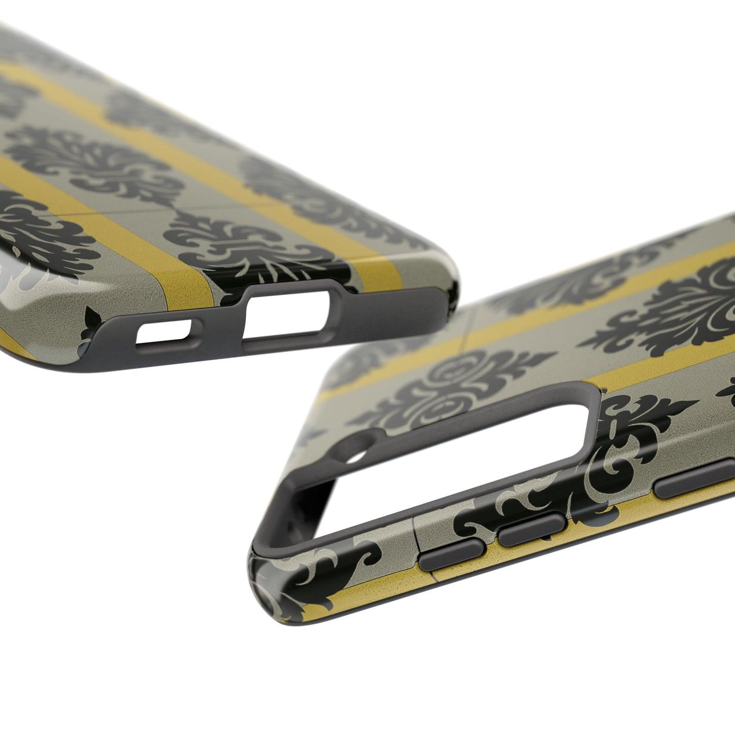 Elegant Baroque Tough Phone Cases | Chic Phone Protection | Gift for Her | Stylish Accessory | Holiday Gift Idea | Silver & Gold Striped Black Baroque