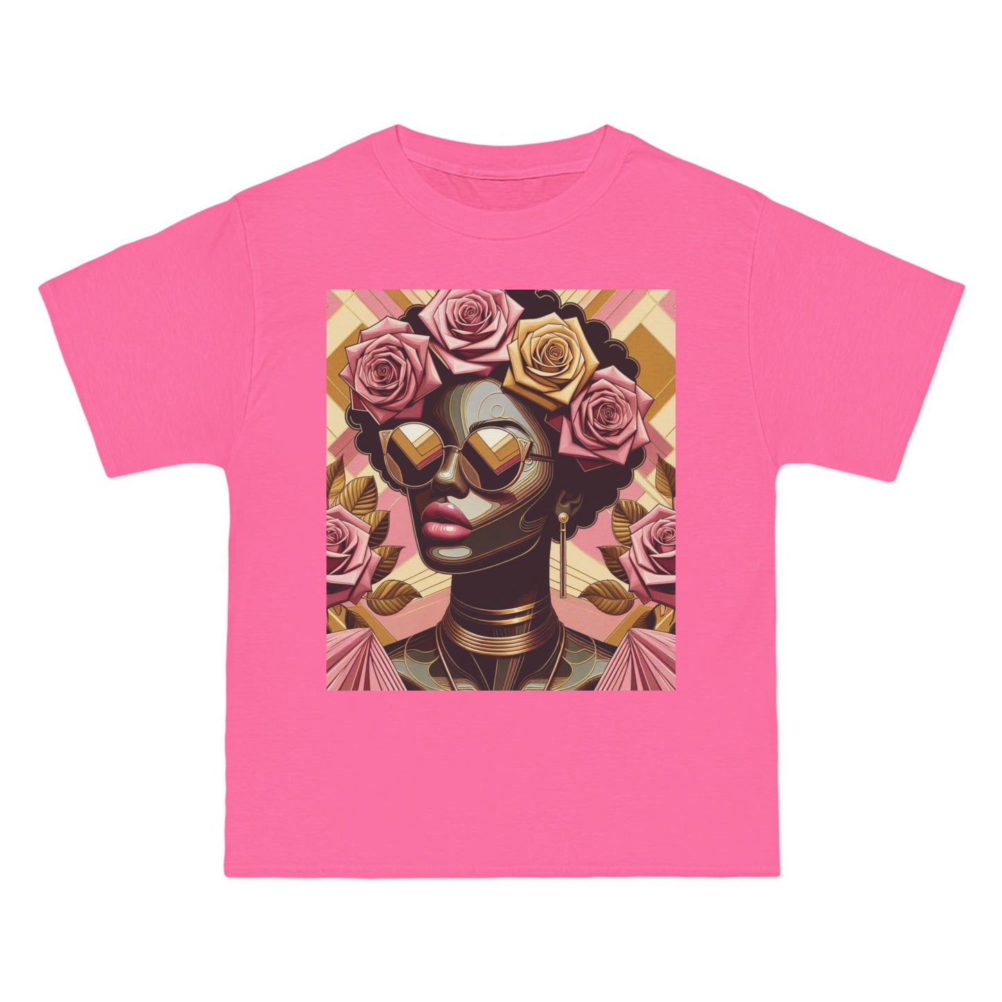 Artistic Floral Feminine T-Shirt, Stylish Tee with Mixed Media Design, Vibrant Short-Sleeve Top, Trendy Casual Wear - Pink Roses Lady