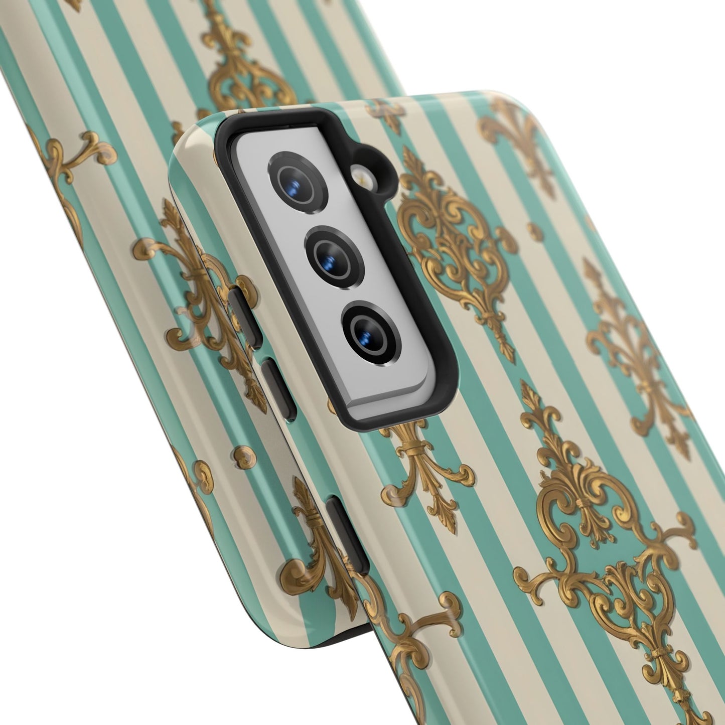 Elegant Striped Phone Case with Vintage Design, Tough Phone Cover, Stylish Smartphone Case - Matte Green Striped Rococo