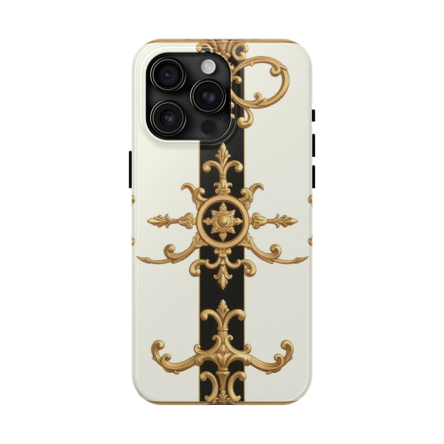 Elegant Baroque Tough Phone Case | Stylish Protection for Your Device, Gift for Her, Phone Accessories - Black & White Striped Gold Baroque