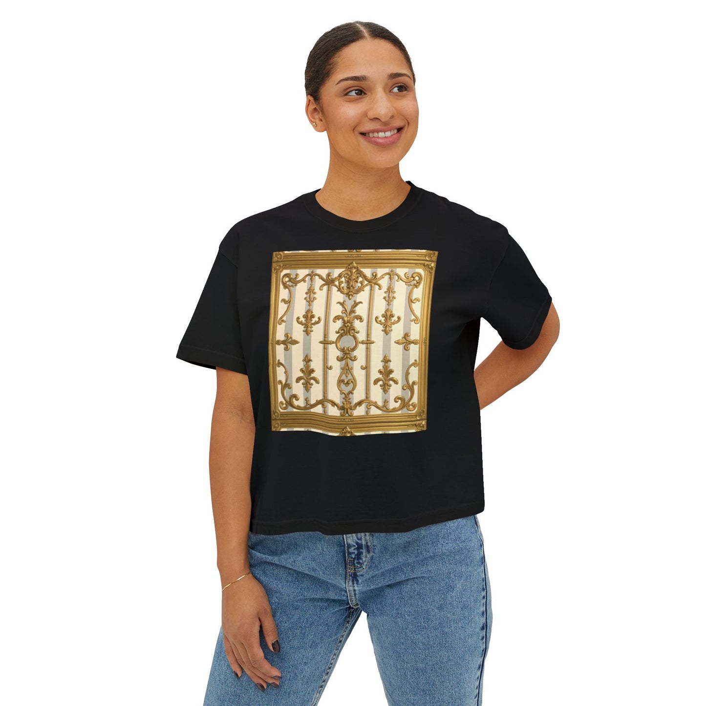 Chic Women's Boxy Tee with Elegant Gate Design, Stylish Casual Wear, Summer Tee, Gift for Her - Matte Gray & Cream Striped Gold Baroque