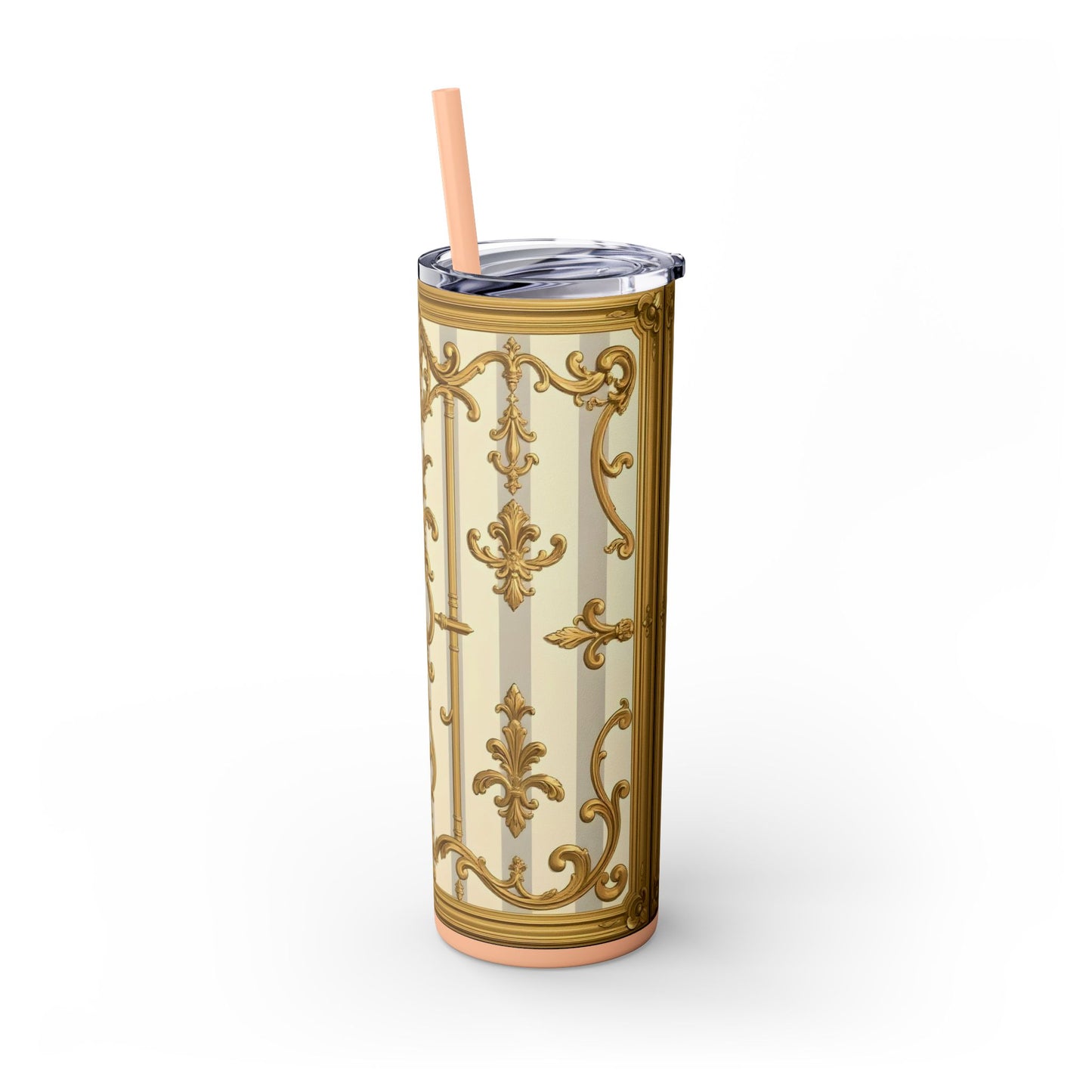 Elegant Vintage Skinny Tumbler with Straw, 20oz - Golden Baroque Design for Weddings, Parties - Matte Gray & Cream Striped Gold Baroque