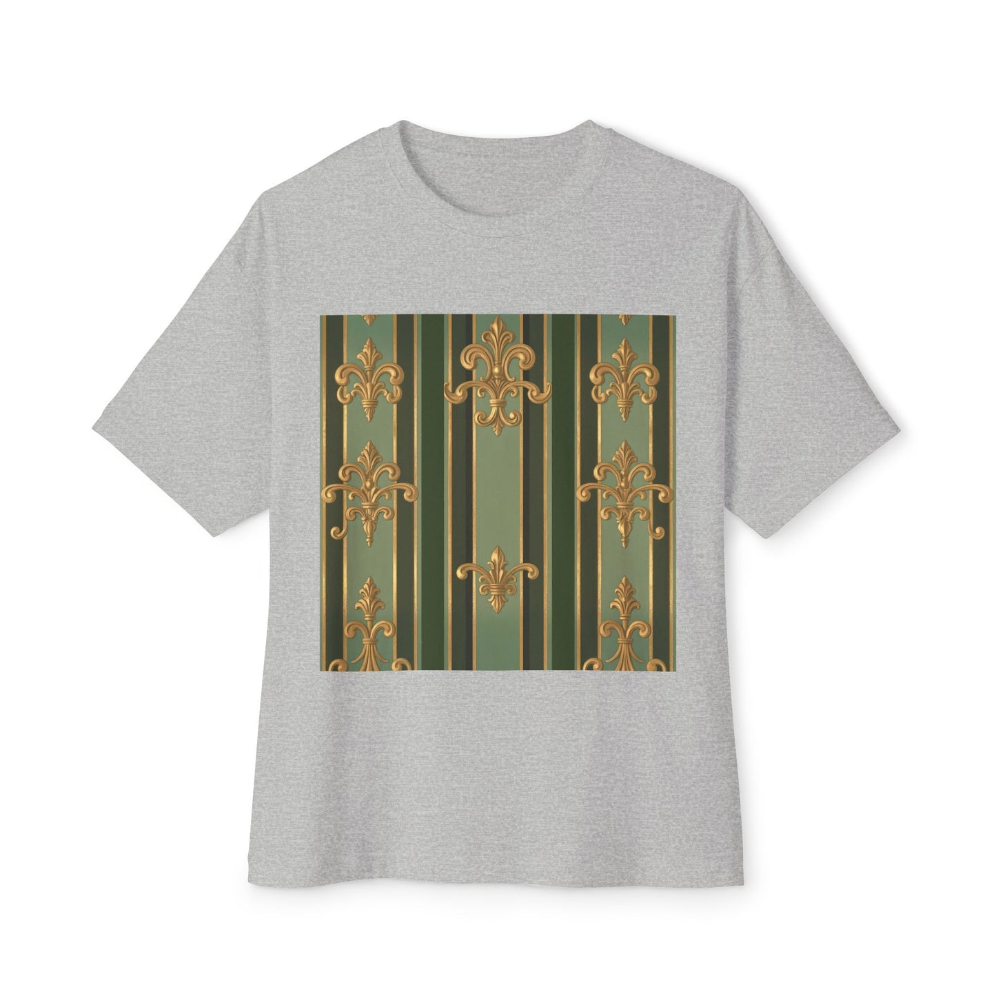 Elegant Vintage-Inspired Boxy Tee, Relaxed Fit Graphic T-Shirt, Floral Design Top, Perfect for Casual Outings - Green Striped Gold Baroque