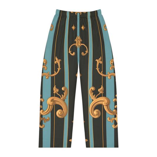 Elegant Women's Pajama Pants, Stylish Sleepwear, Comfortable Lounge Pants, Fashionable Nightwear - Black & Turquoise Striped Baroque