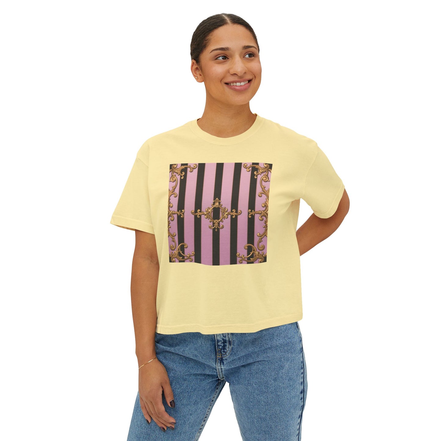 Chic Women's Boxy Tee, Vintage Striped Top, Trendy Short Sleeve Shirt, Casual Fashion T-Shirt - Matte Lavender & Black Striped Gold Baroque