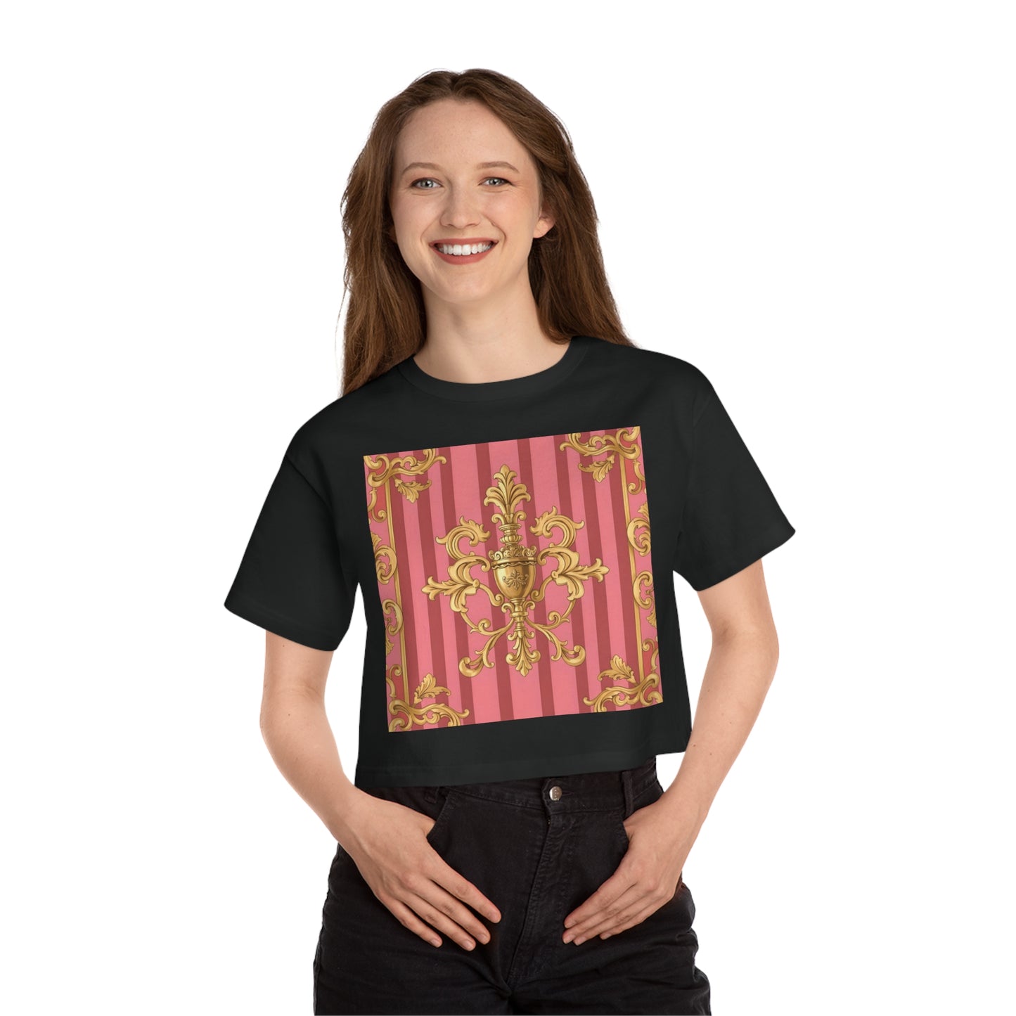 Chic Cropped T-Shirt, Elegant Fashion Top, Vintage Style Tee, Spring/Summer Casual Wear, Trendy Graphic Shirt - Pink Striped Gold Baroque