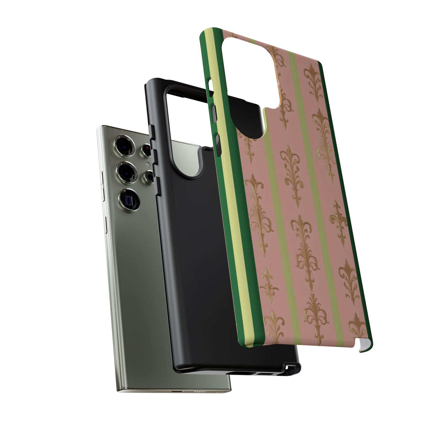 Elegant Floral Motif Phone Case - Tough Cases with Vintage Design - Lime Green & Pink Striped Damask