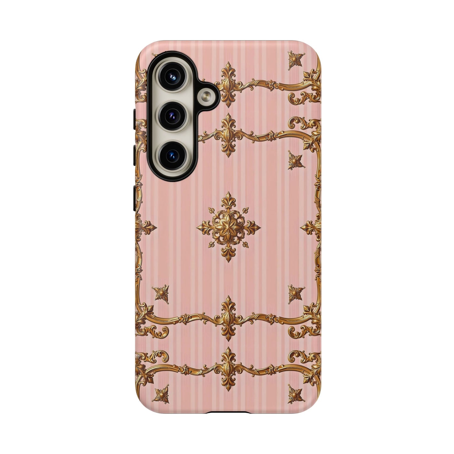 Elegant Floral Phone Case, Tough Cases for Women, Trendy Phone Cover, Chic Gift - Pink Striped Gold Baroque