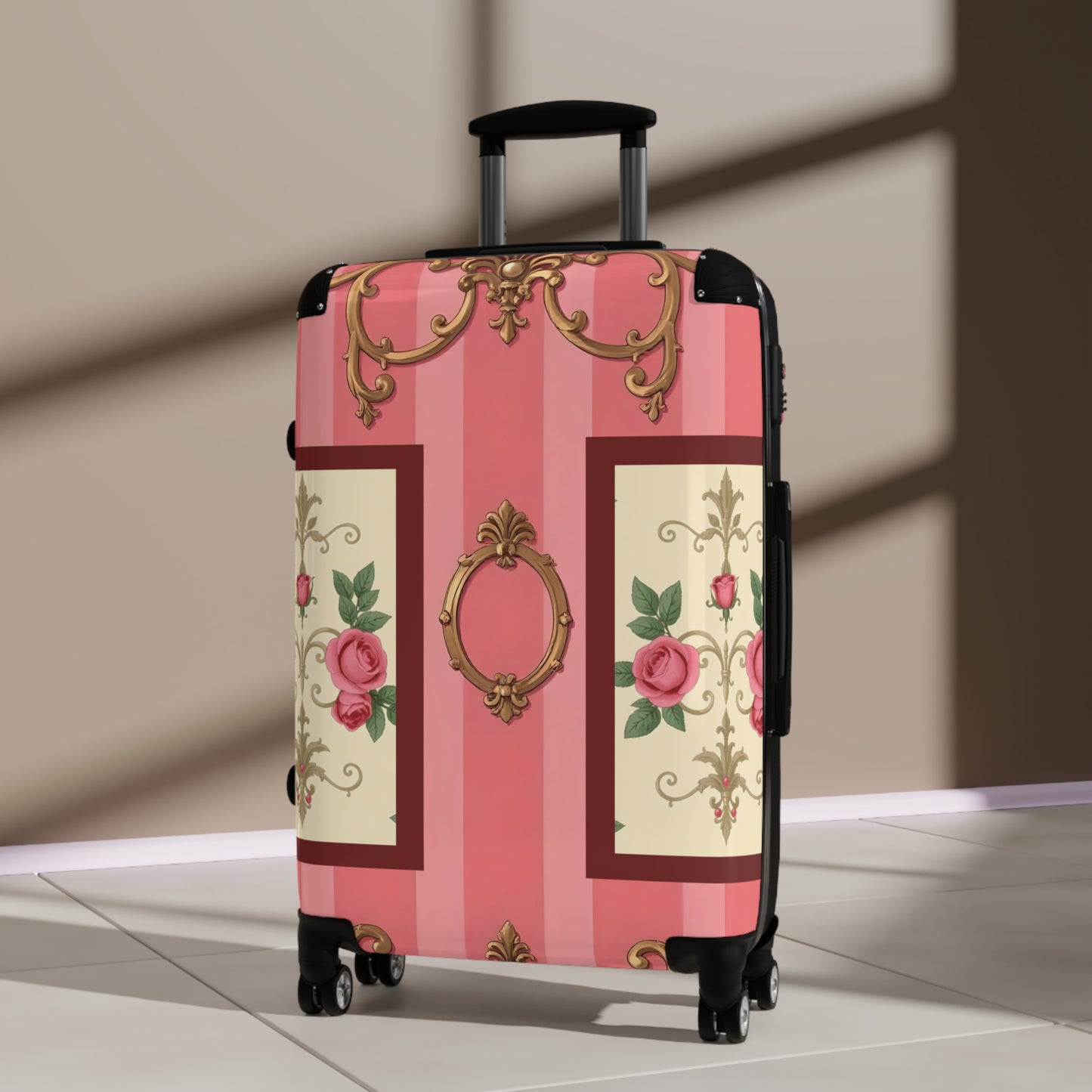 Vintage Floral Design Suitcase | Stylish Travel Luggage for Fashion Lovers - Pink Striped Baroque & Roses