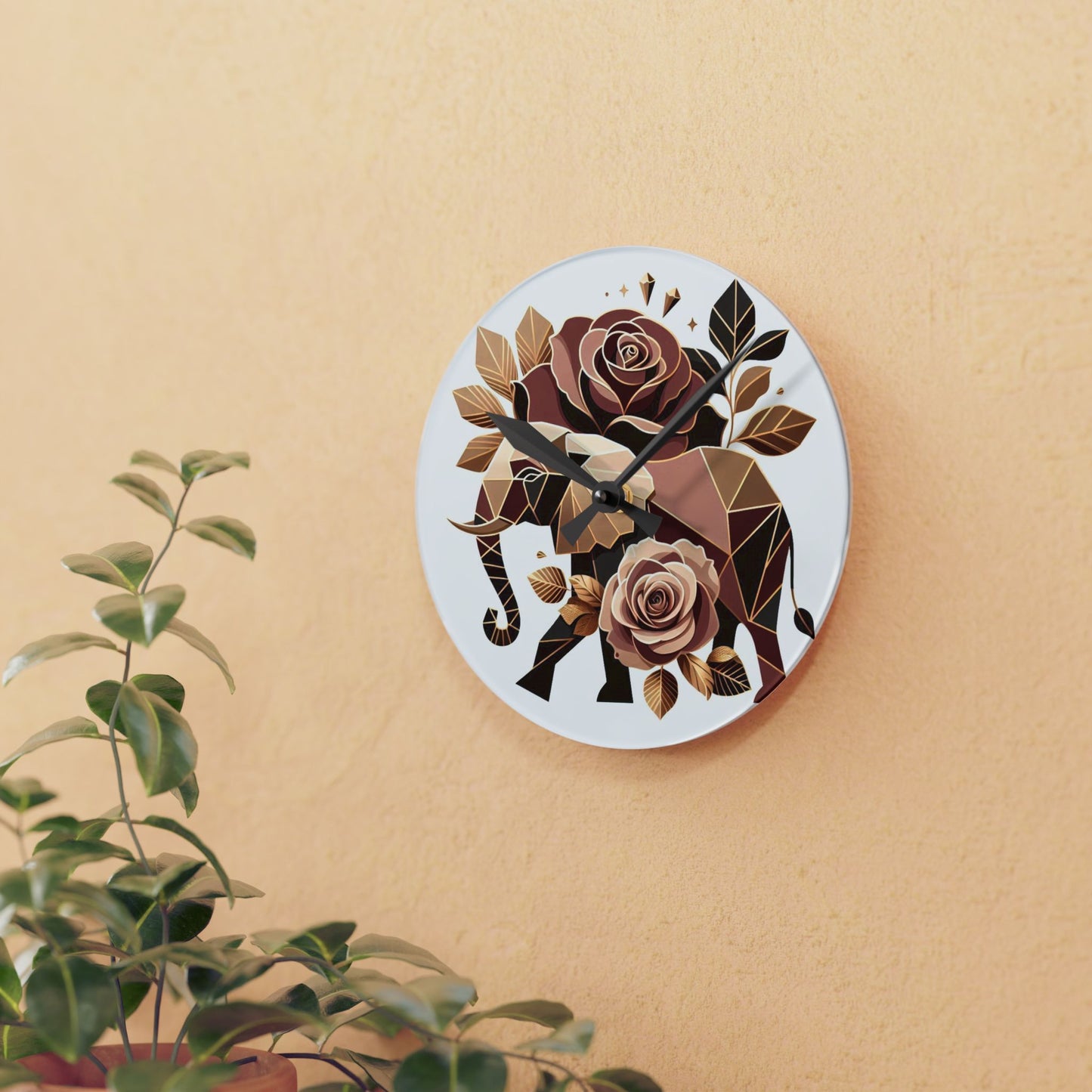 Bohemian Elephant-Inspired Acrylic Wall Clock with Floral Design - Brown & Gold Elephant & Roses Design