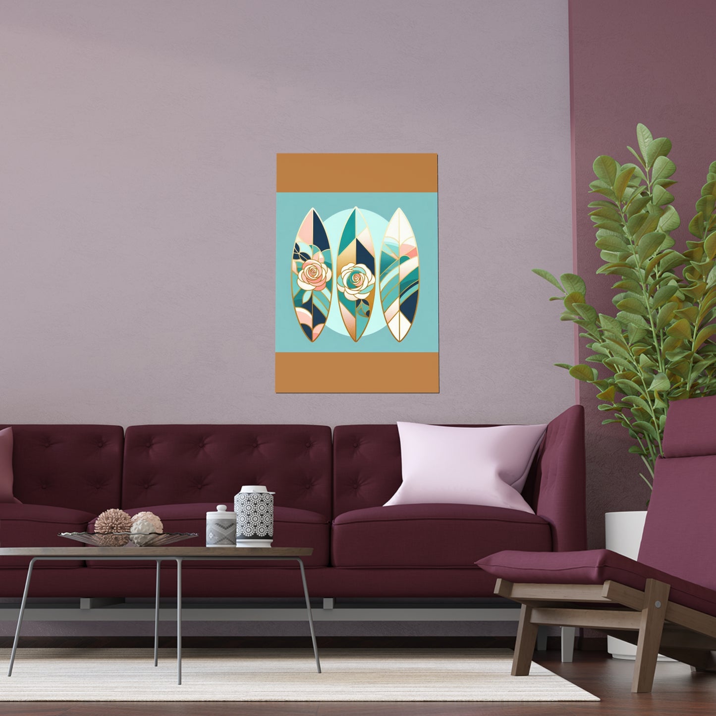 Elegant Floral Silk Poster - Indoor/Outdoor Wall Art for Home Decor - Blue, Pink & Aqua Surfboard & Roses