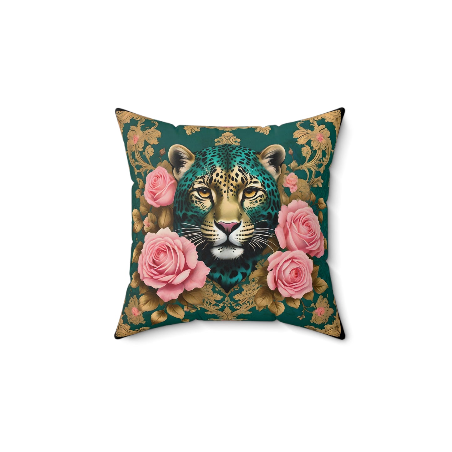 Elegant Luxe Faux Suede Pillow with Leopard and Roses Design - Teal Leopard