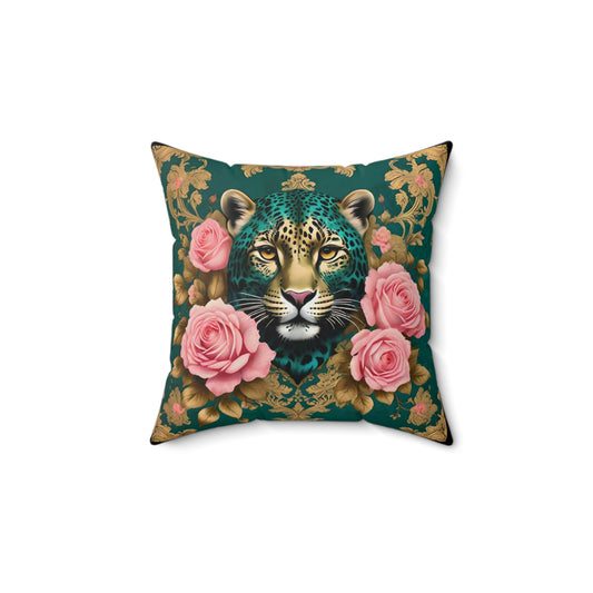 Elegant Luxe Faux Suede Pillow with Leopard and Roses Design - Teal Leopard