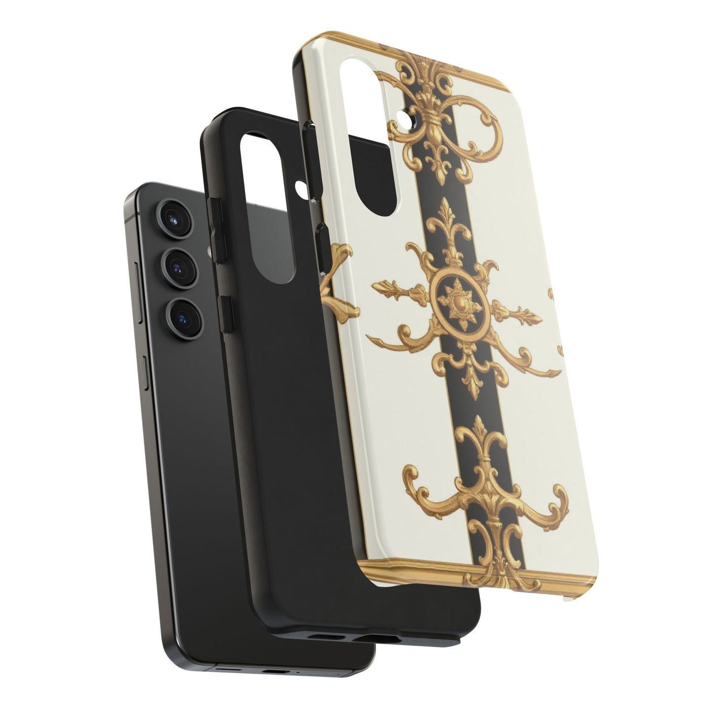 Elegant Baroque Tough Phone Case | Stylish Protection for Your Device, Gift for Her, Phone Accessories - Black & White Striped Gold Baroque