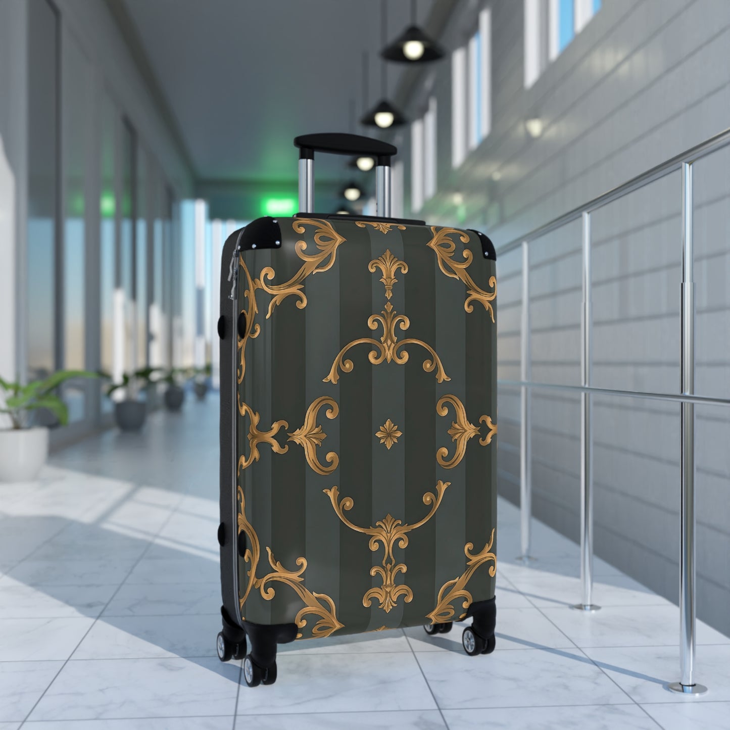Elegant Vintage Design Suitcase - Travel Accessories, Luggage, Personalized Gift, Vacation Travel - Gray Striped Baroque