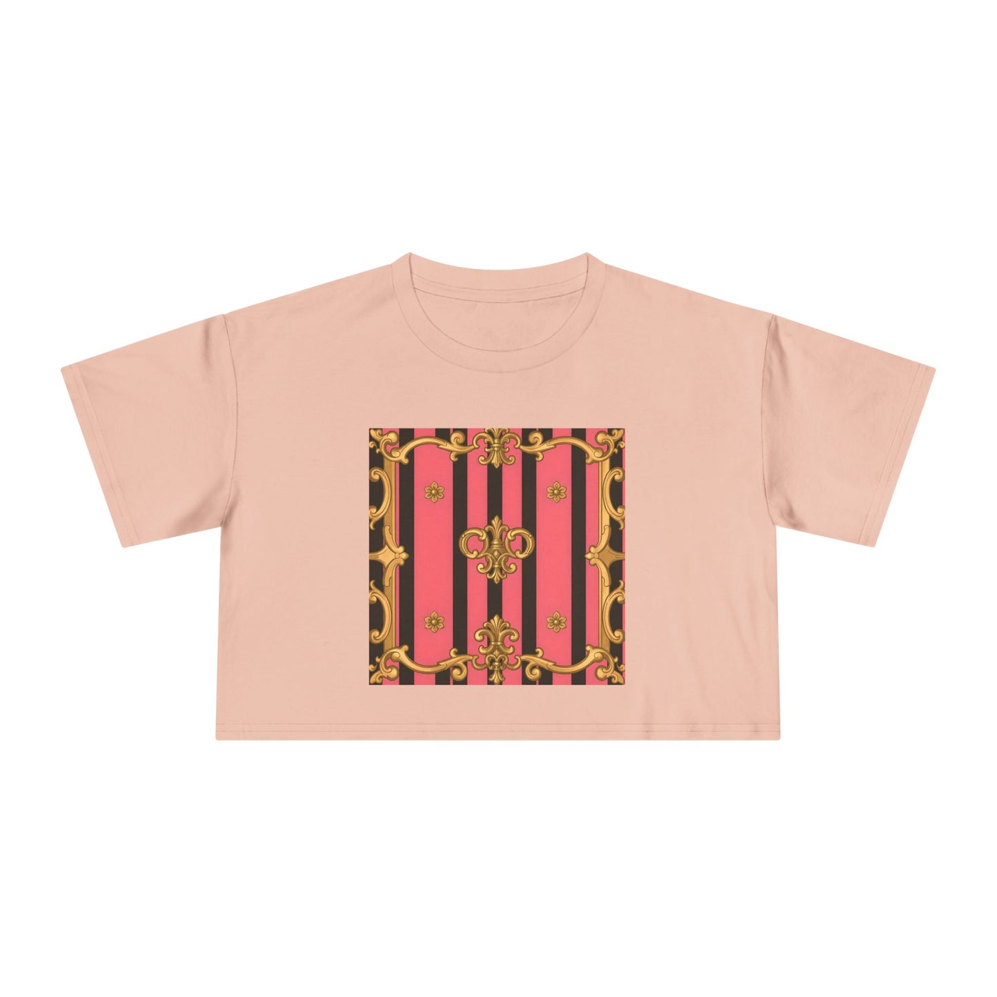 Chic Vintage-Inspired Women's Crop Tee, Stylish Summer Top, Trendy Fashion Tee, Baroque Casual Wear - Pink & Black Striped Gold Baroque