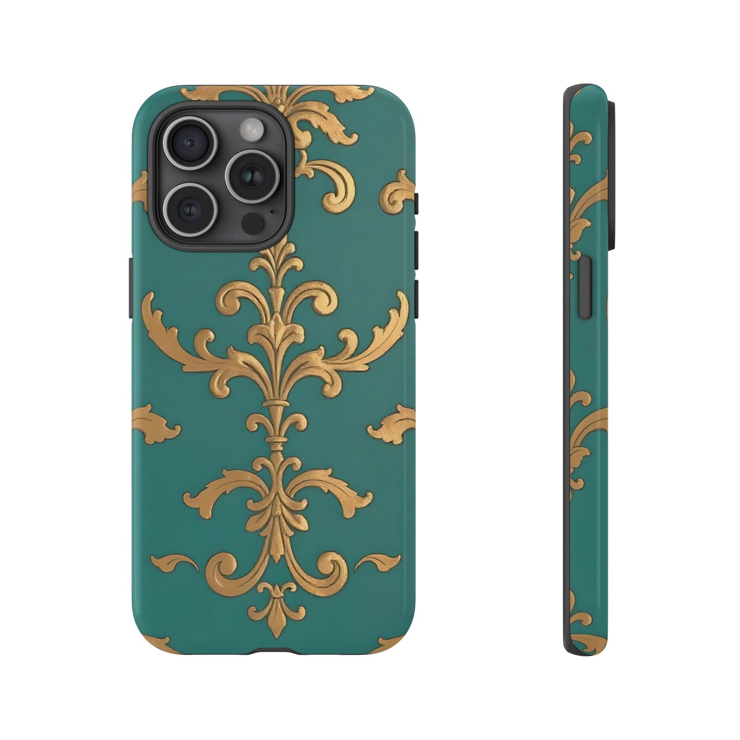 Elegant Floral Motif Phone Case - Tough Cases with Vintage Design - Aqua & Gold Damask