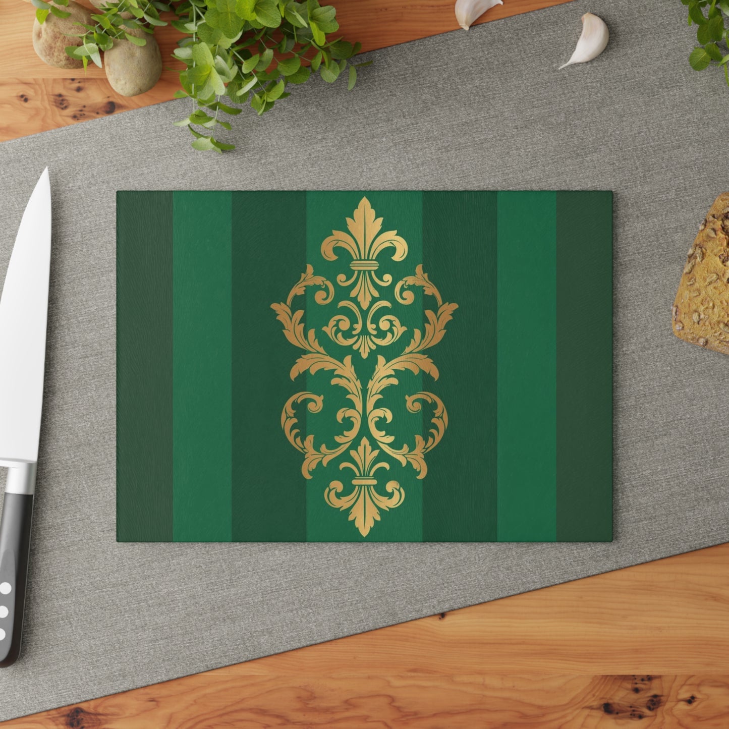 Green Glass Striped Baroque Cutting Board — Green Striped with Gold Baroque Accent