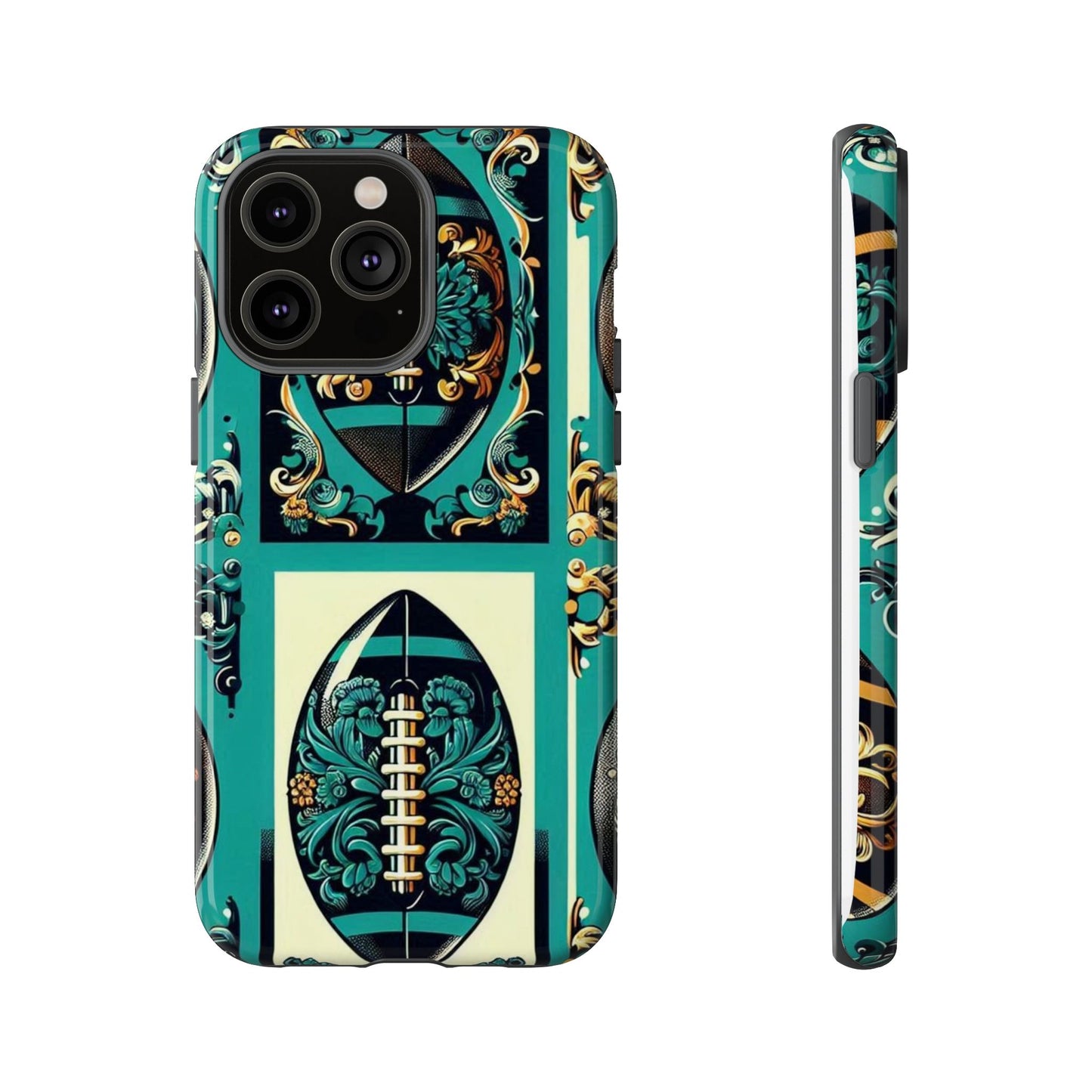 Elegant Floral Motif Phone Case - Tough Cases with Vintage Design -  Damask Teal, Gold & Black Footballs