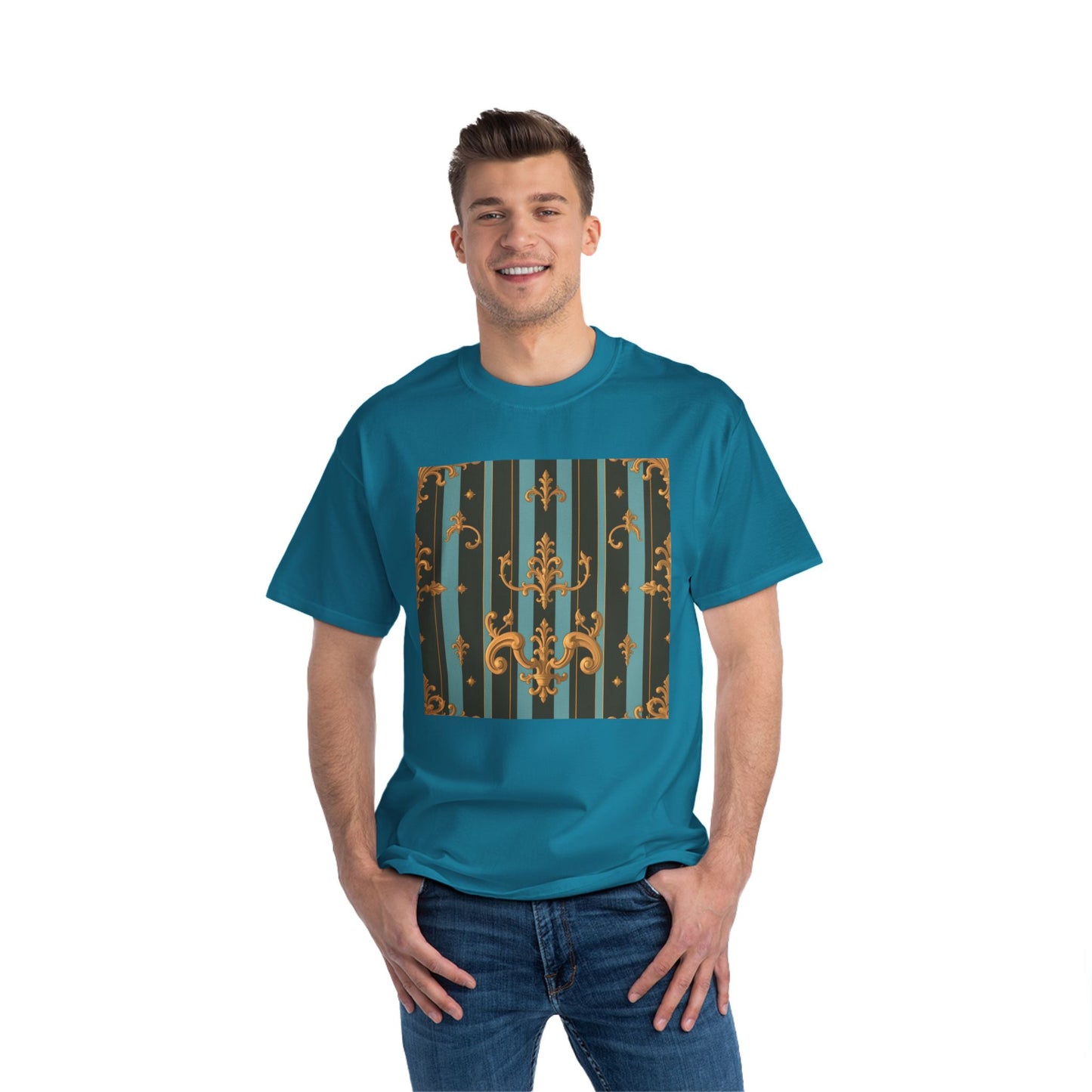 Elegant Vintage Pattern T-Shirt, Stylish Tee for Everyday Wear, Retro Design Shirt, Perfect Gift for Art Lovers - Black & Turquoise Striped Baroque
