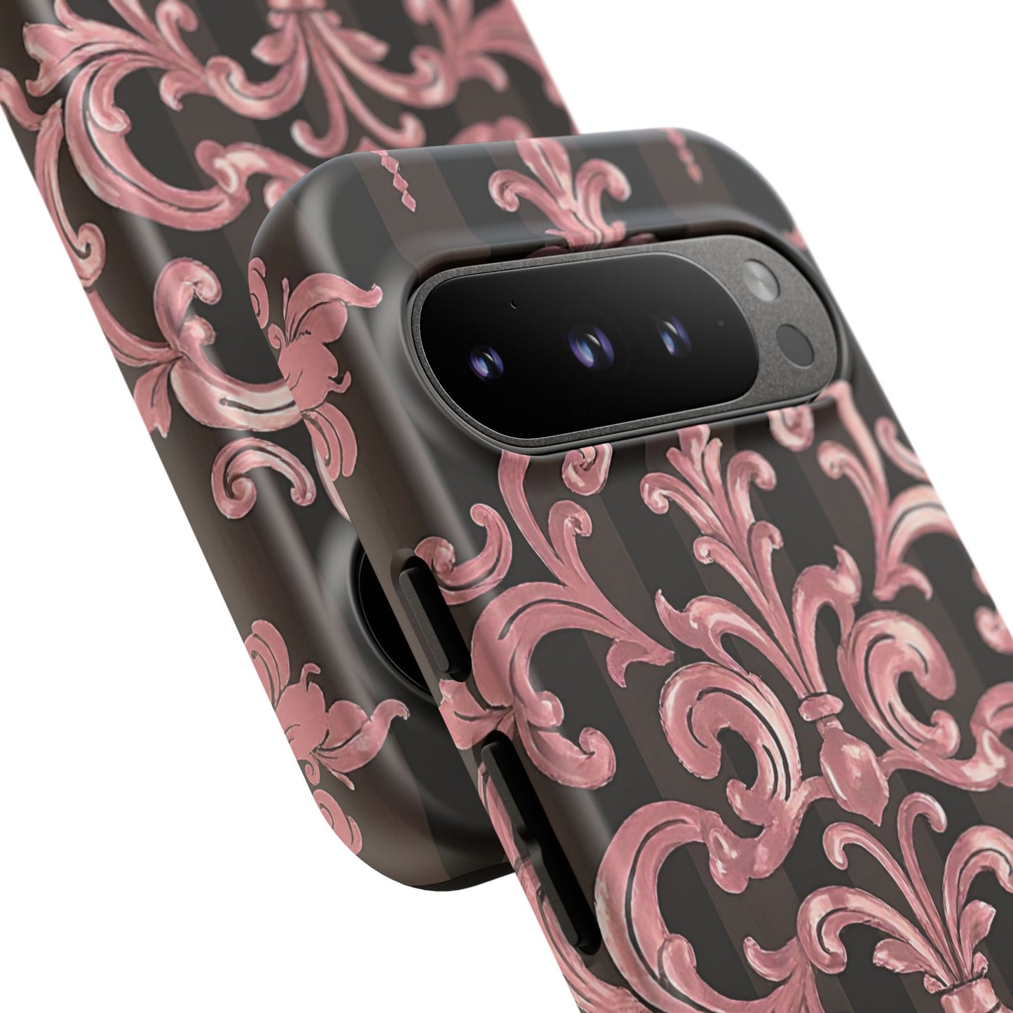 Elegant Floral Motif Phone Case - Tough Cases with Vintage Design - Brown Striped Mauve Damask
