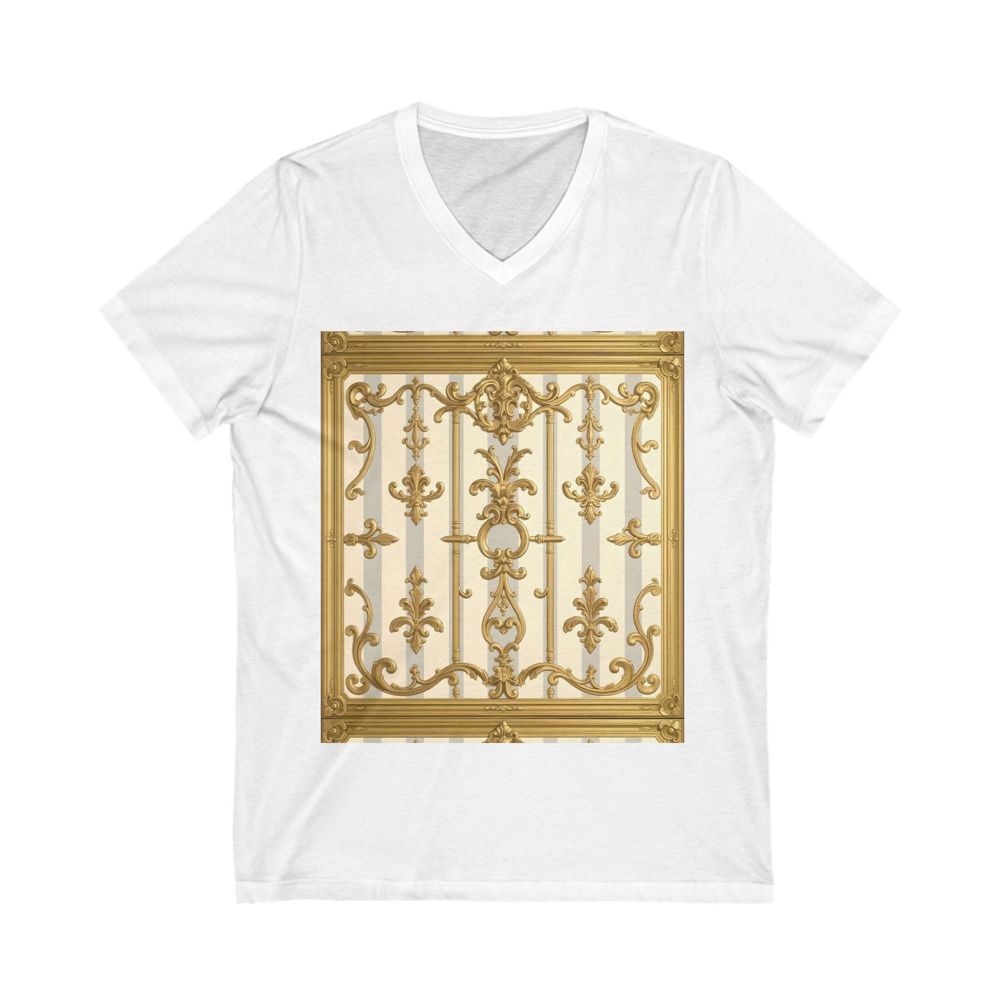 Elegant Gold Baroque V-Neck Tee for Art Lovers, Fashion Gift, Casual Wear, Summer Style