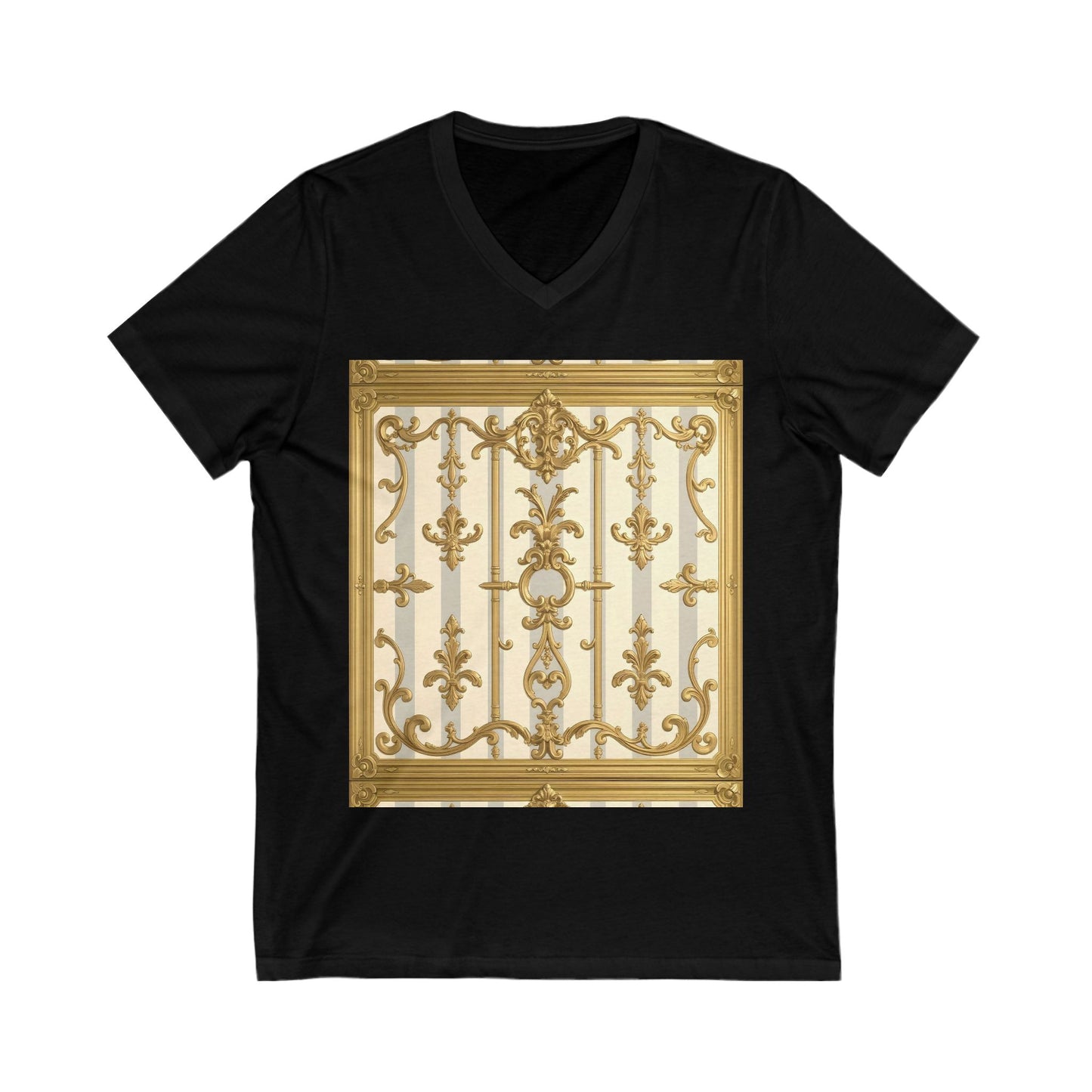 Elegant Gold Baroque V-Neck Tee for Art Lovers, Fashion Gift, Casual Wear, Summer Style