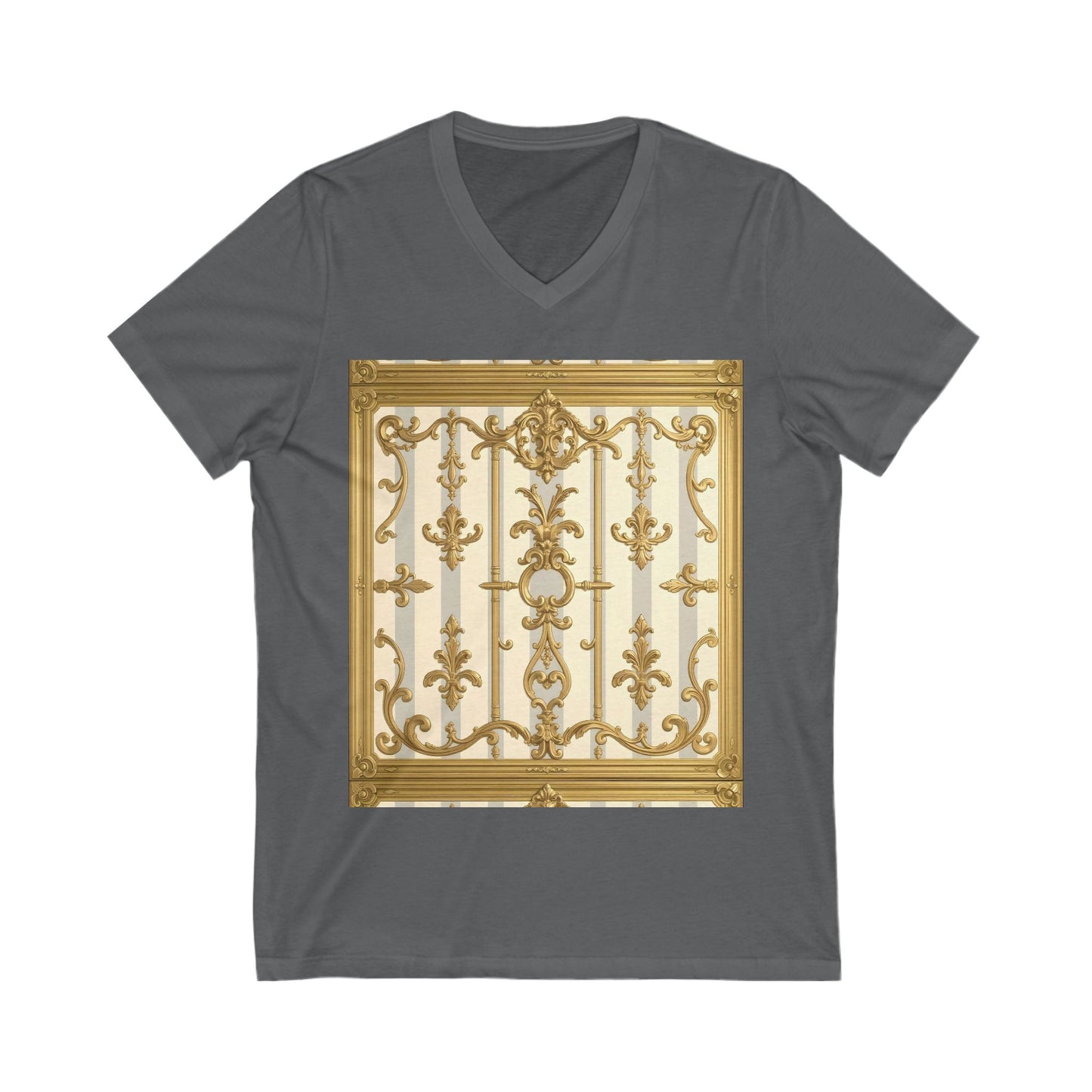 Elegant Gold Baroque V-Neck Tee for Art Lovers, Fashion Gift, Casual Wear, Summer Style
