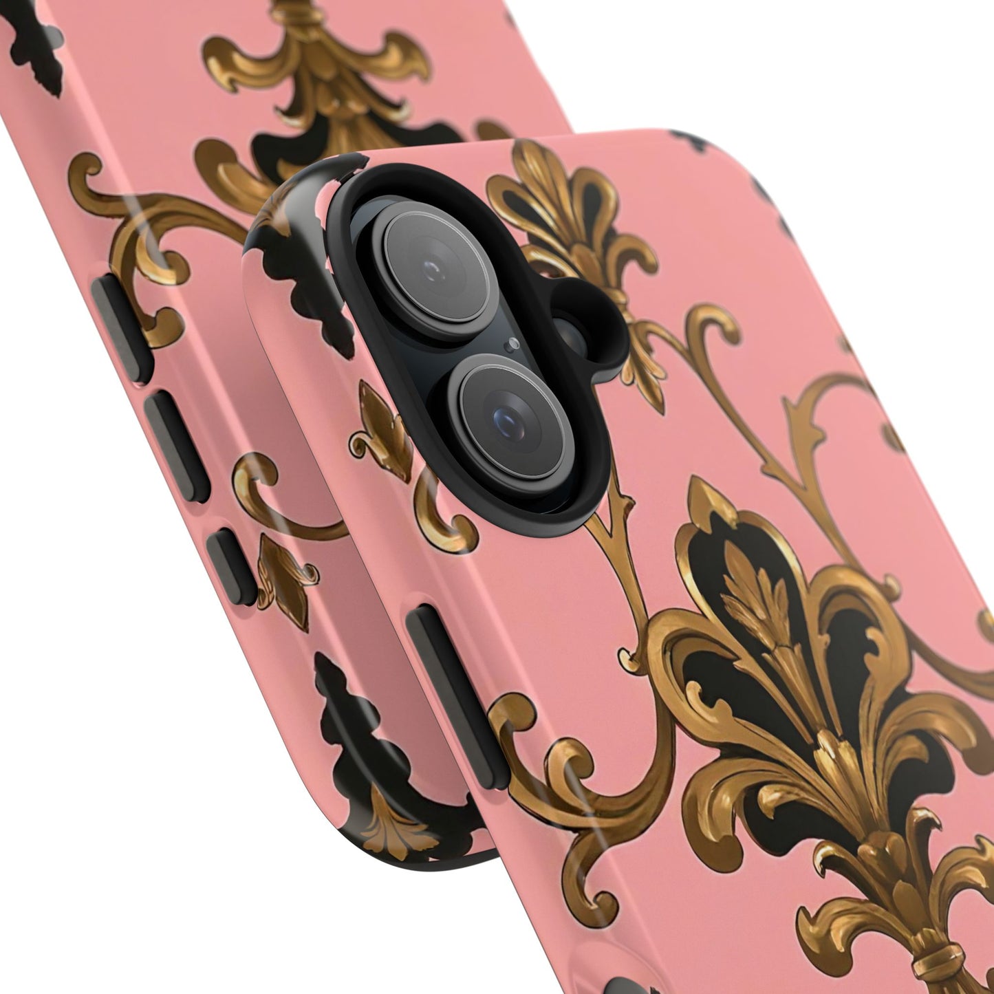 Chic Tough Phone Cases with Floral Design, Elegant Phone Cover, Durable Smartphone Case, Stylish Tech Accessory - Pink, Black & Gold Rococo