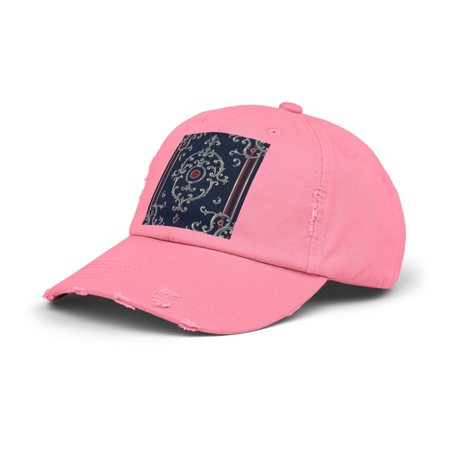 Stylish Unisex Distressed Cap with Ornate Design, Casual Hat for Outdoor Adventures, Beach Days - Blue & Red Silver Baroque
