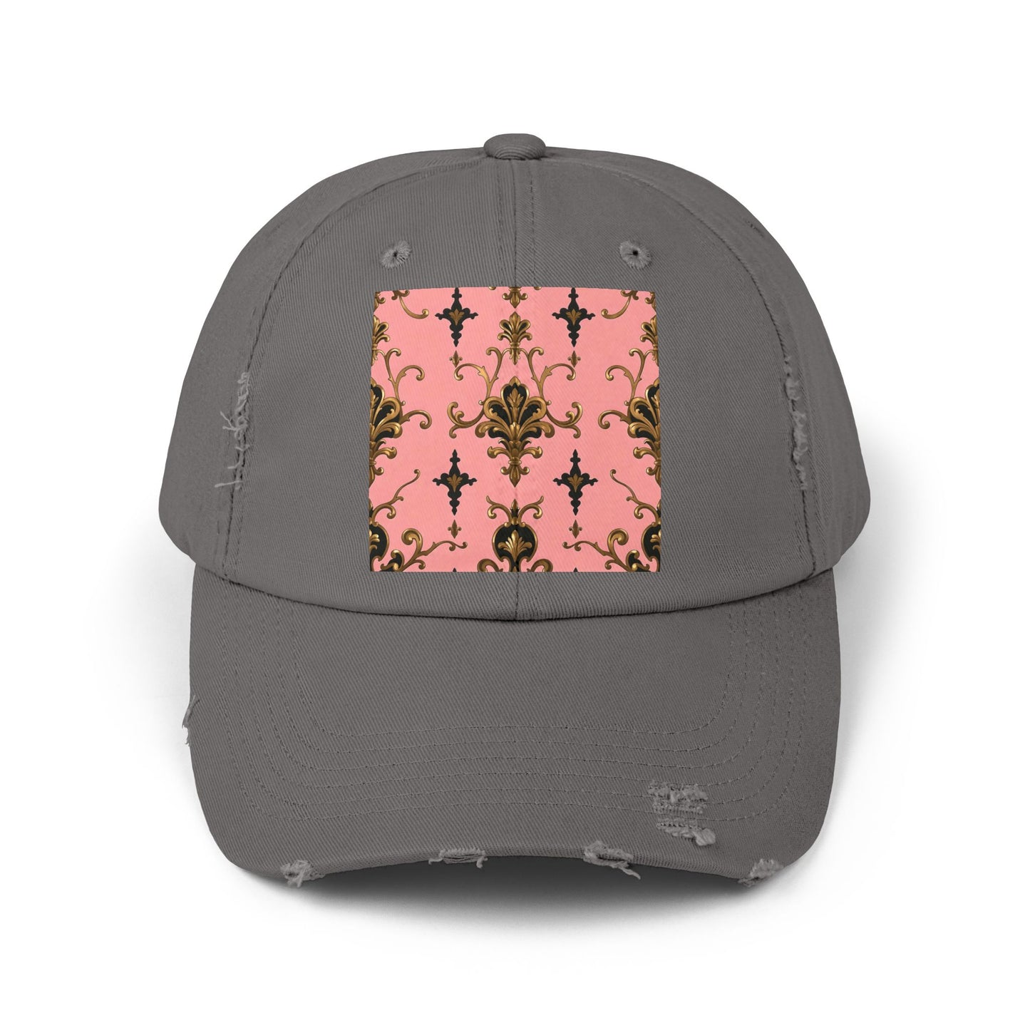 Chic Distressed Cap, Fashionable Baseball Hat, Casual Summer Headwear - Pink, Black & Gold Rococo