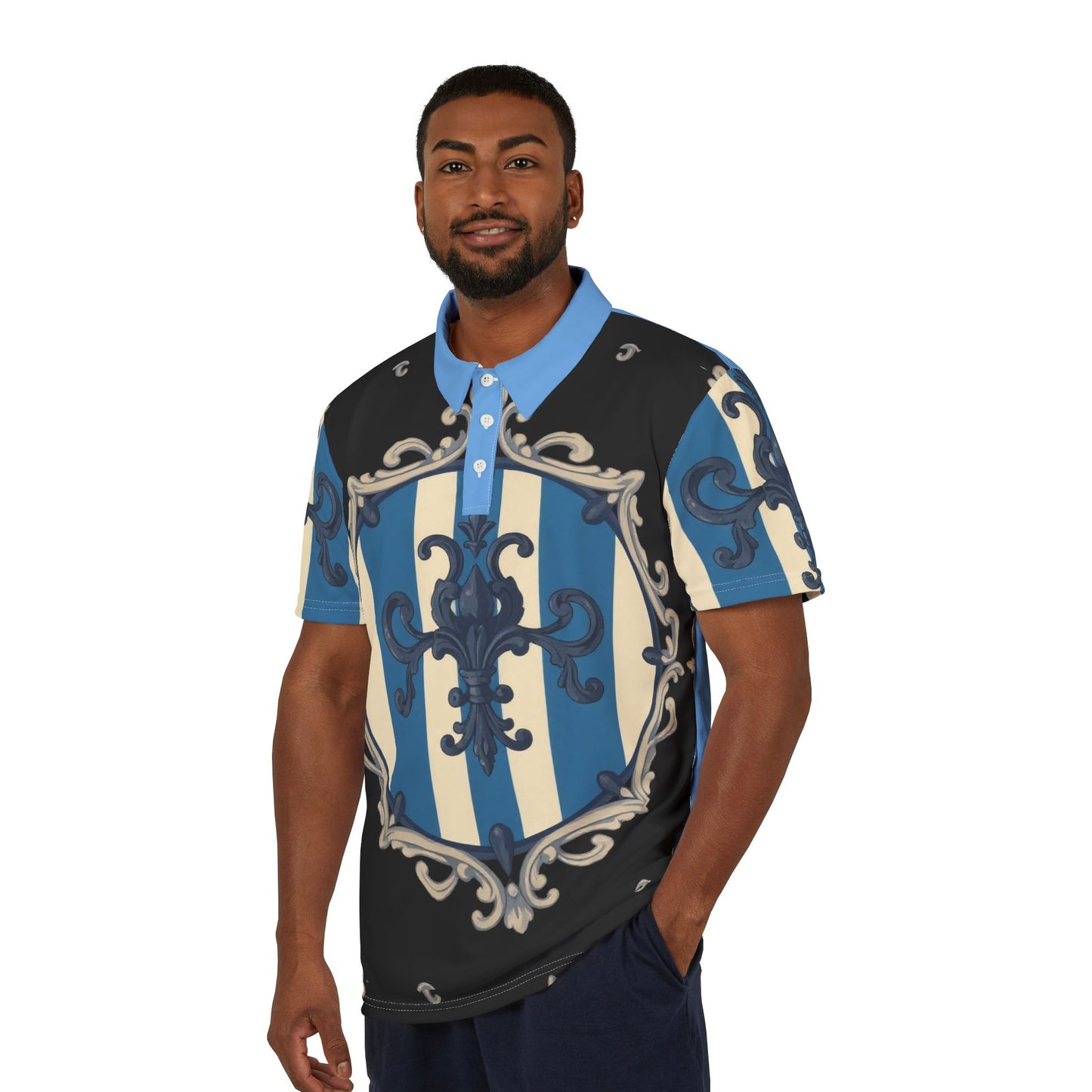 Chic Blue & Alabaster Striped Baroque Unisex Polo Shirt - Bold Design, Casual Wear, Perfect for Summer, Unique Gift for Him or Her