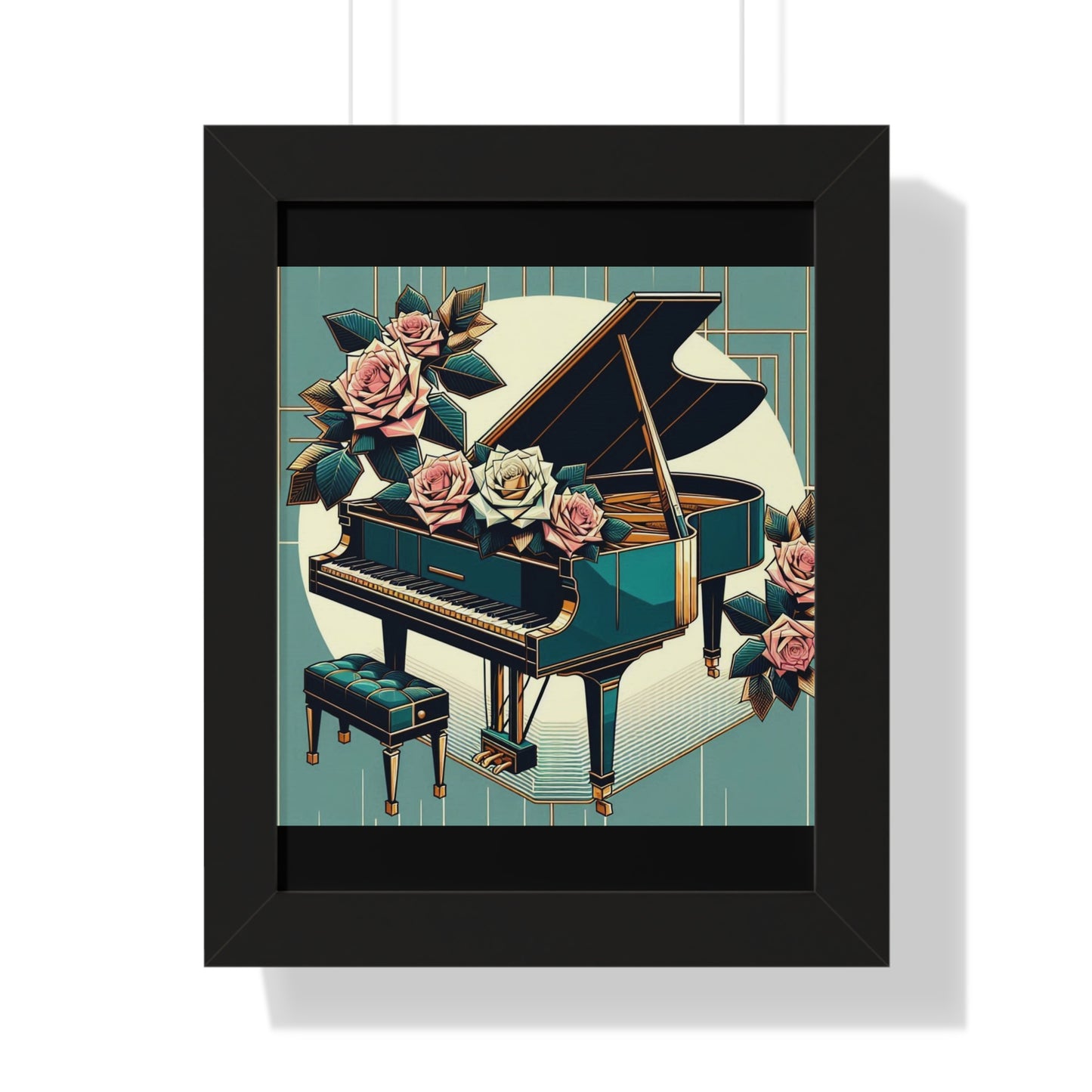 Vertical Poster - Teal Grand Piano & Roses Wall Art