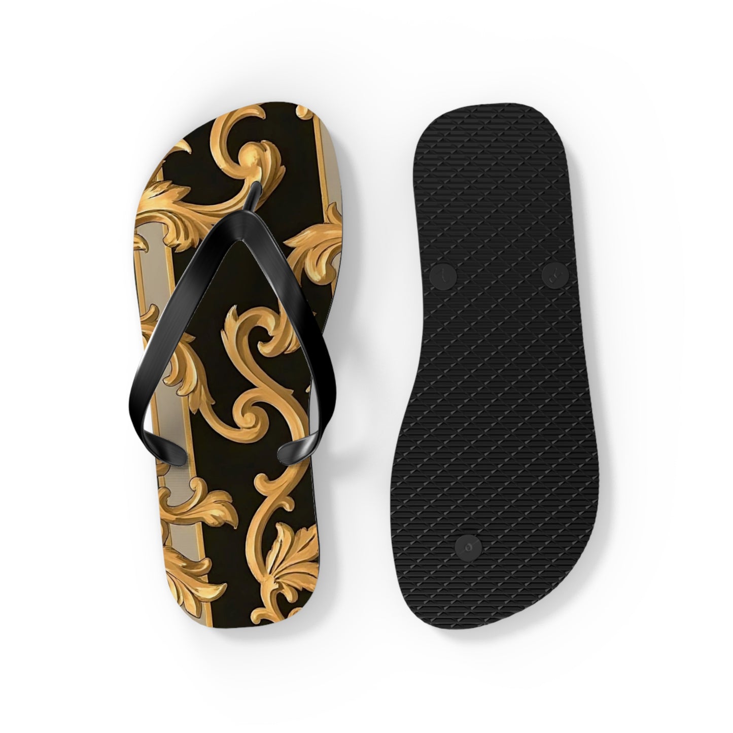 Stylish Flip Flops with Elegant Gold Design, Beachwear, Summer Sandals, Vacation Footwear, Poolside Essentials - Blue & Black Striped Rococo