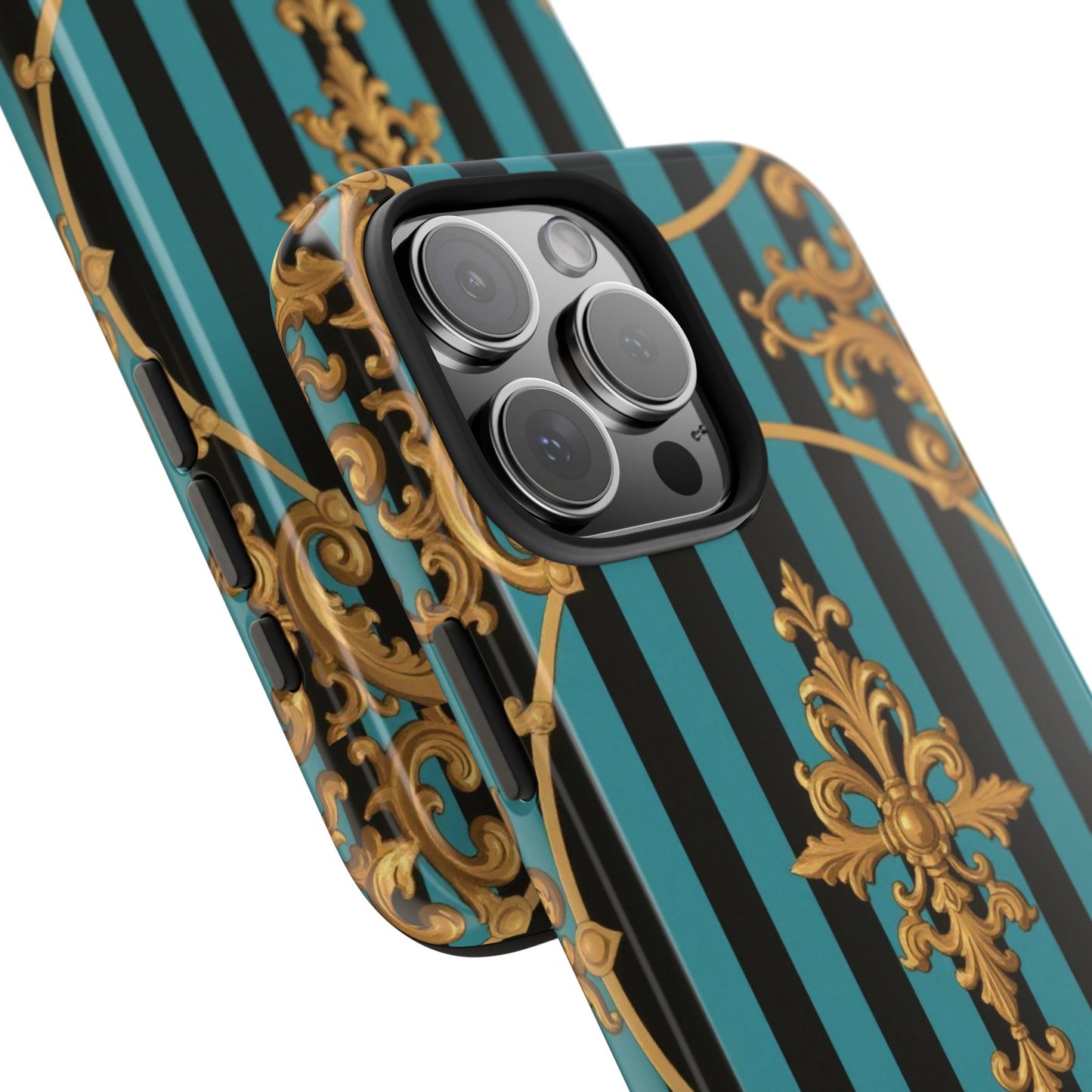 Elegant Turquoise & Black Striped Gold Baroque Phone Case, Tough Phone Cases for Fashion Lovers, Gift for Her, Luxury Accessories