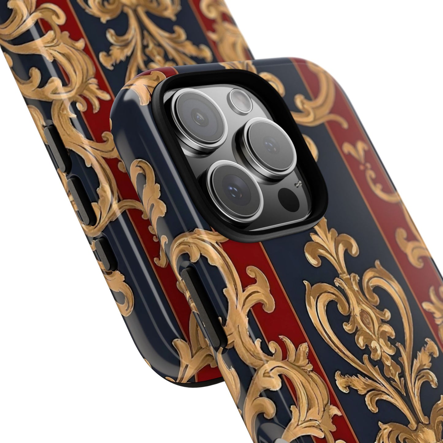 Elegant Floral Motif Phone Case - Tough Cases with Vintage Design - Midnight Blue & Dusk Red Striped Gold Damask