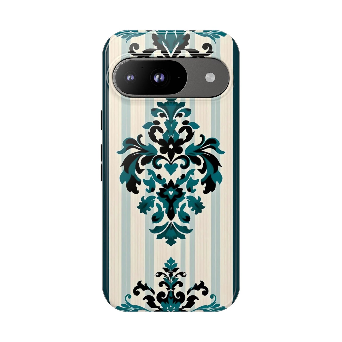 Elegant Floral Phone Case - Tough Cases with Vintage Design - Teal Striped Damask