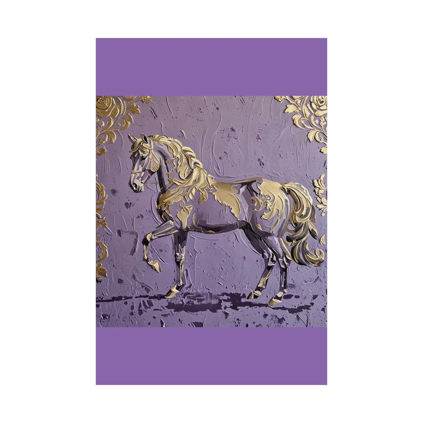 Floral Motif Art Poster - Elegant Matte Vertical Wall Decor - Lavender & Gold Damask Horse