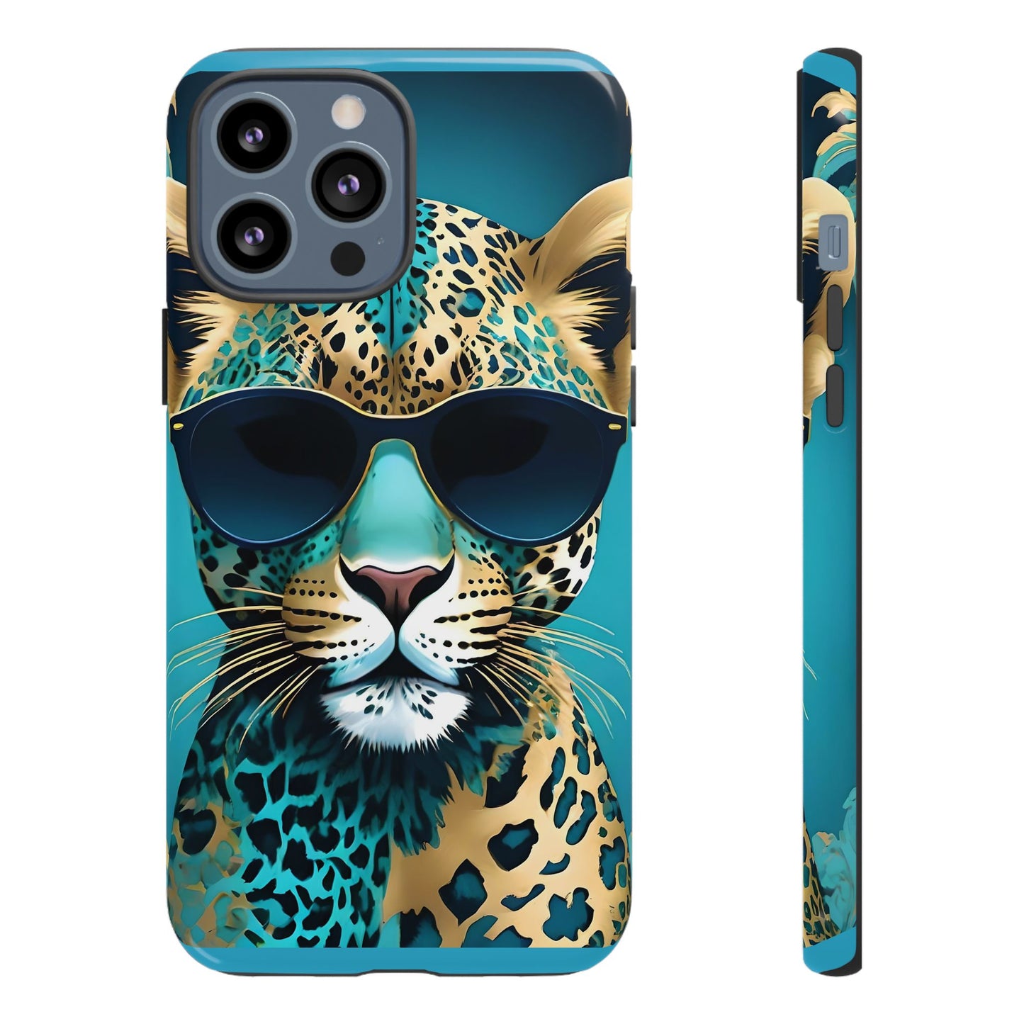 Phone Case - Aqua & Gold Leopard In Sunglasses Design